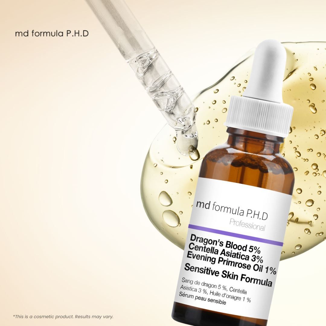 MD Formula P.H.D. Serumflasche mit Pipette, umgeben von goldenem Serum und Bläschen. Pipette tropft Serum.