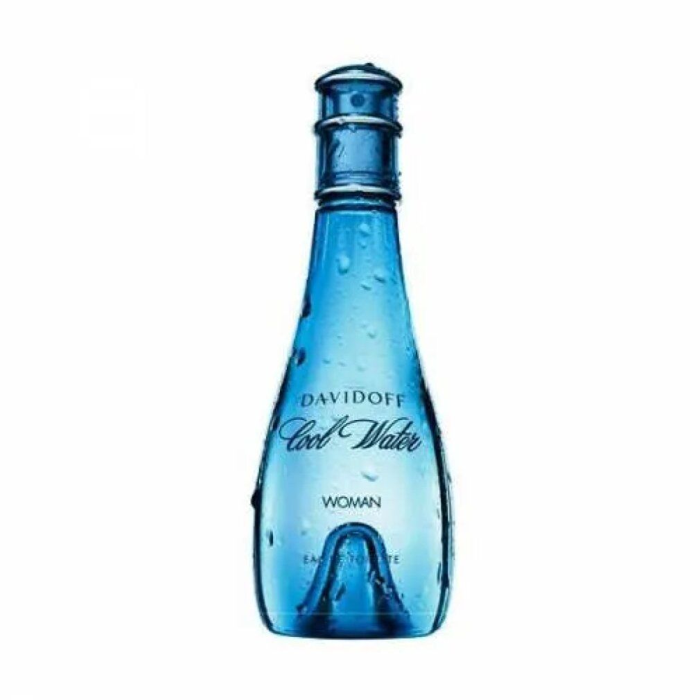 Blaue Flasche mit Sprühkopf. Aufschrift: Davidoff Cool Water Woman. Tropfen auf der Flasche. Transparente Flüssigkeit.