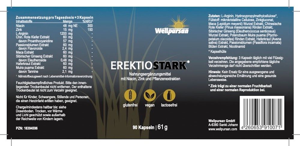 Etikett Erektio Stark. Inhaltsstoffe, Nährwertangaben. 90 Kapseln, 61g. Glutenfrei, vegan, laktosefrei.