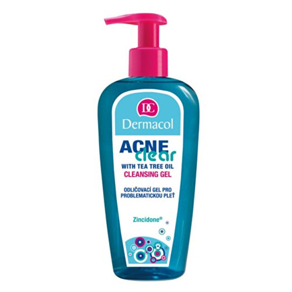 Blau-transparente Flasche mit rosa Pumpverschluss. Aufkleber mit Produktnamen und Logo. Text: Acneclear, Cleansing Gel.
