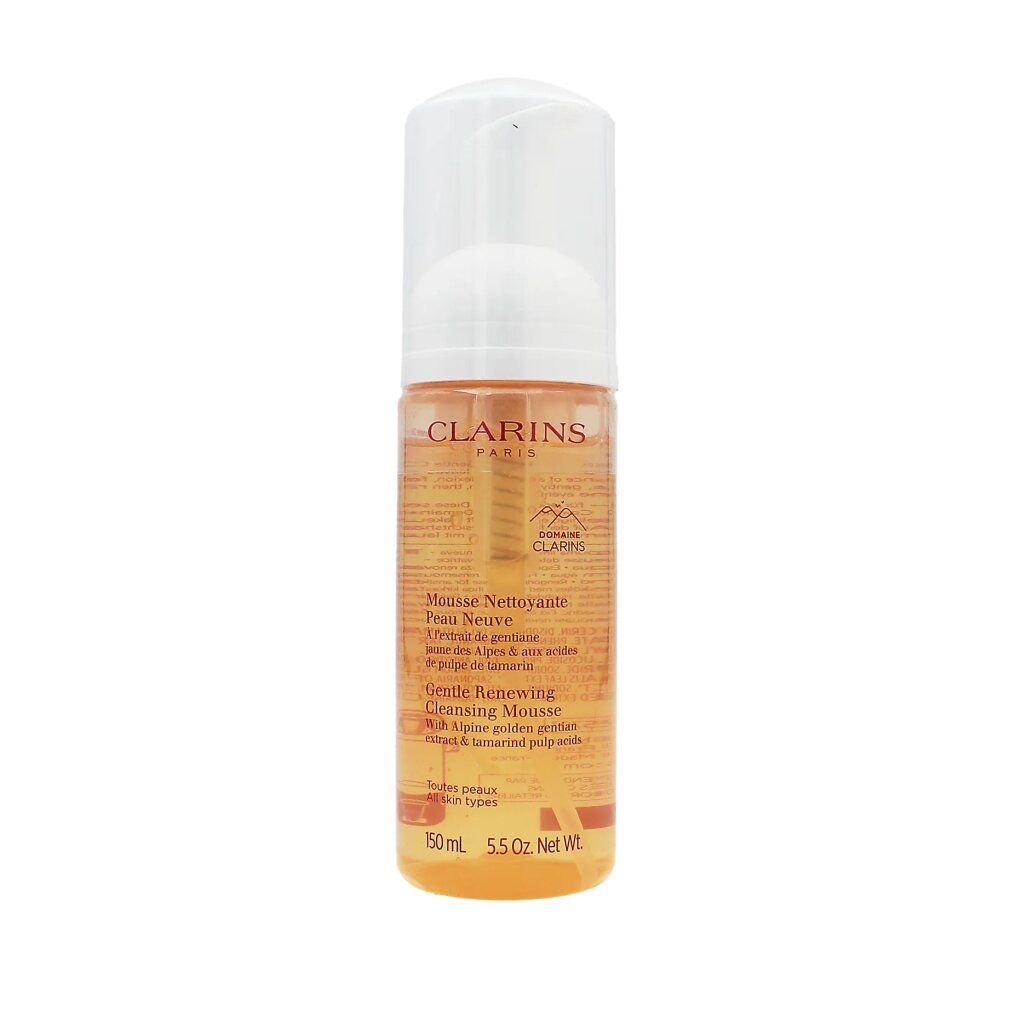 Clarins Reinigungsmousse. Flasche mit weißem Pumpkopf. Gelbliche Flüssigkeit. Text: Mousse Nettoyante Peau Neuve, Gentle Renewing Cleansing Mousse.