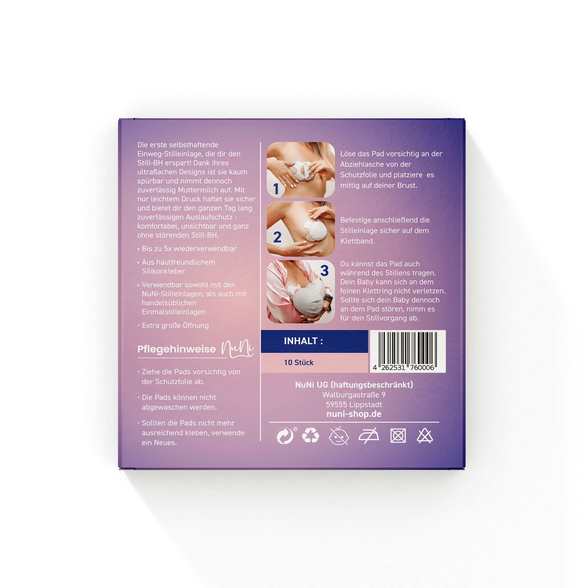 Rückseite der NuNi SLIM Verpackung. Illustrationen zur Anwendung. Text: Pflegehinweise. Inhalt: 10 Stück. Herstellerinformationen.