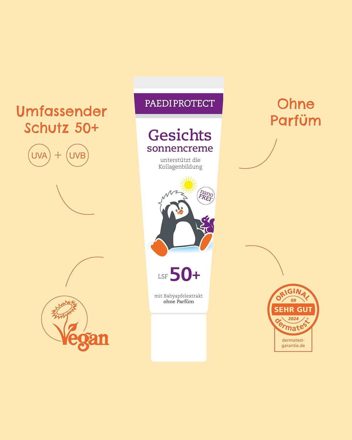 Sonnencreme-Tube. Aufschrift: Gesichtssonnencreme LSF 50+. Mit Pinguin-Illustration. Vegan-Siegel. Dermatest-Siegel.