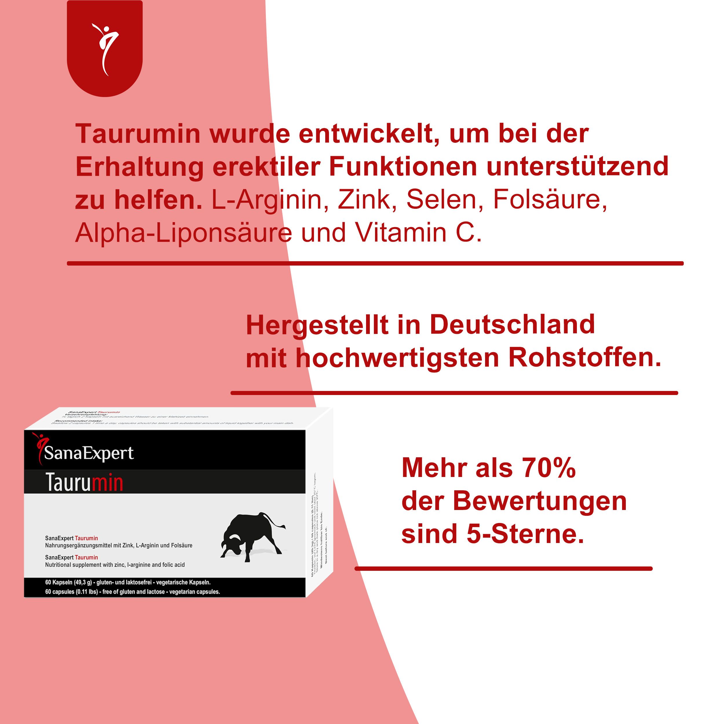 Weiße Produktverpackung mit SanaExpert Taurumin-Logo und Text. Enthält L-Arginin, Zink, Selen, Folsäure, Alpha-Liponsäure und Vitamin C. Mehr als 70% 5-Sterne-Bewertungen.