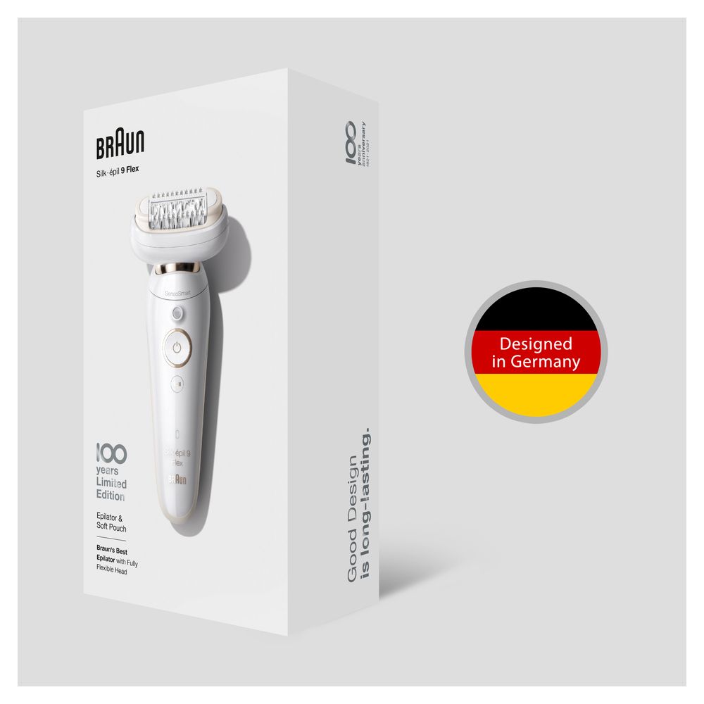 Epilierer in Verpackung. Verpackung mit Logo, Text und "Designed in Germany"-Siegel.