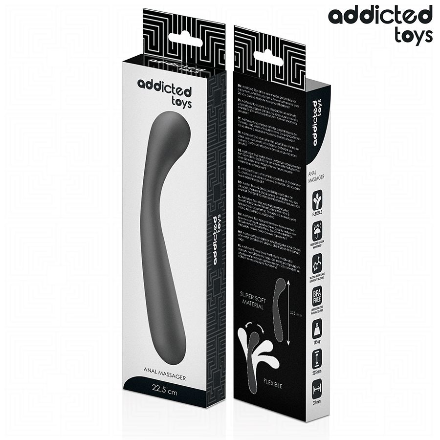 Verpackung mit Analstimulator. Schwarze, gebogene Form. Text: „ANAL MASSAGER“ und „22.5 cm“. Produktabbildung und Informationen.