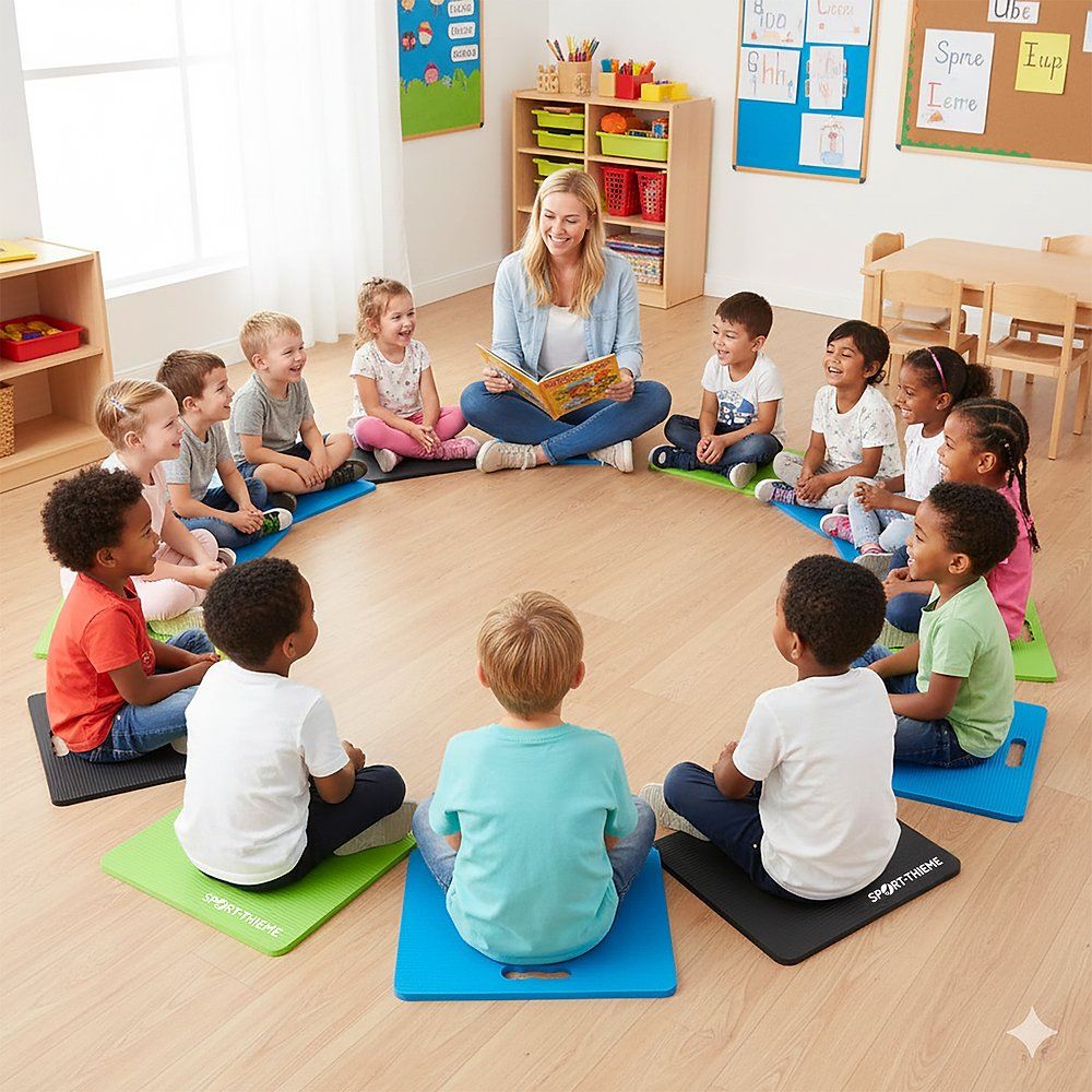 Kinder sitzen im Kreis auf grünen, blauen und schwarzen Sitzmatten. Eine Frau liest ein Buch.