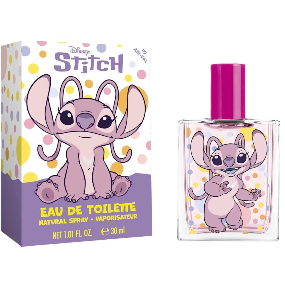 Eau de Toilette mit Stitch-Design. Rechteckige Flasche mit pinkfarbenem Verschluss. Verpackung mit Stitch-Illustration und Produktname.
