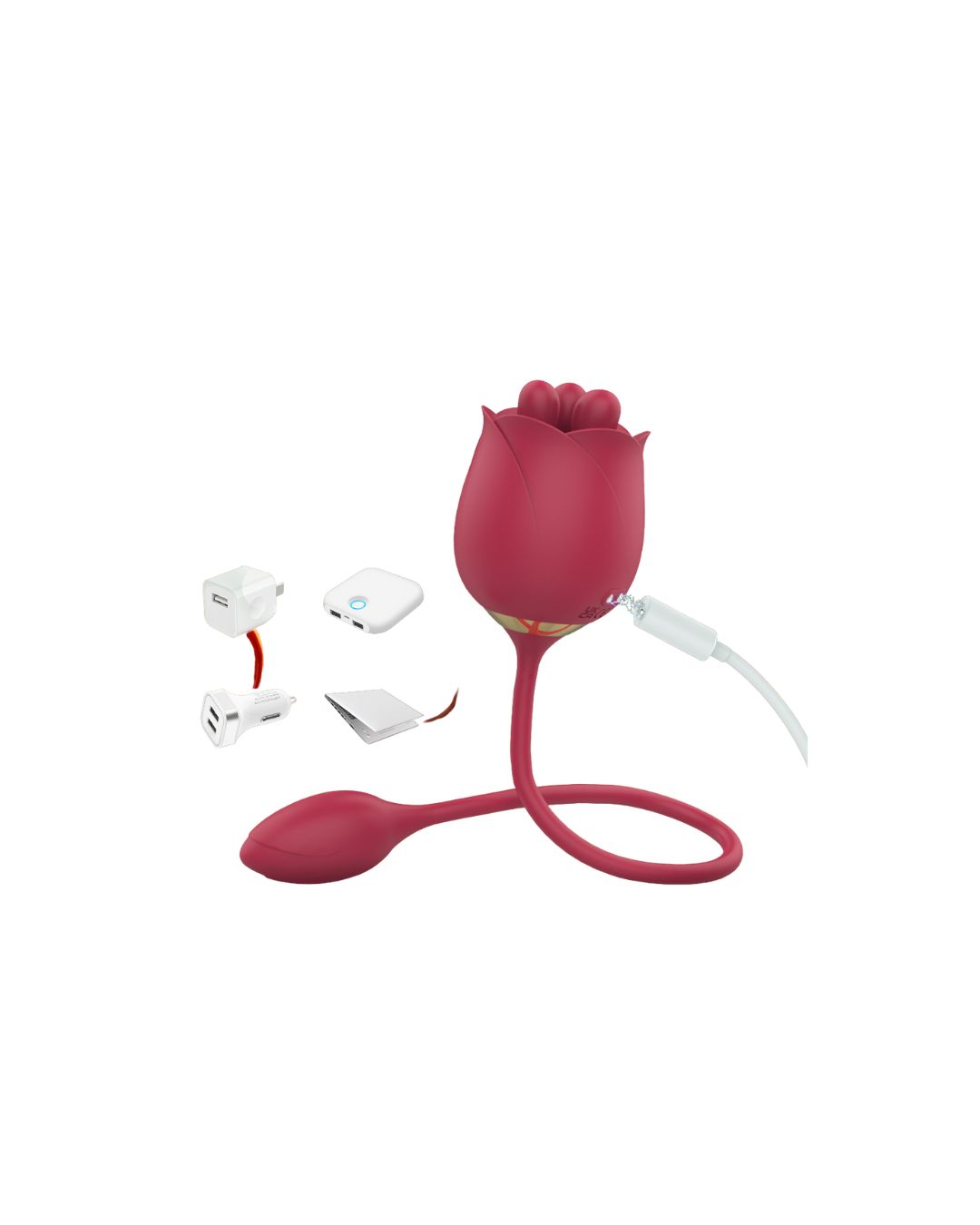 Rotes, rosenförmiges Produkt mit einem länglichen Teil. Zubehör: Ladegeräte, Kabel, Anleitungen. Produkt wird geladen.