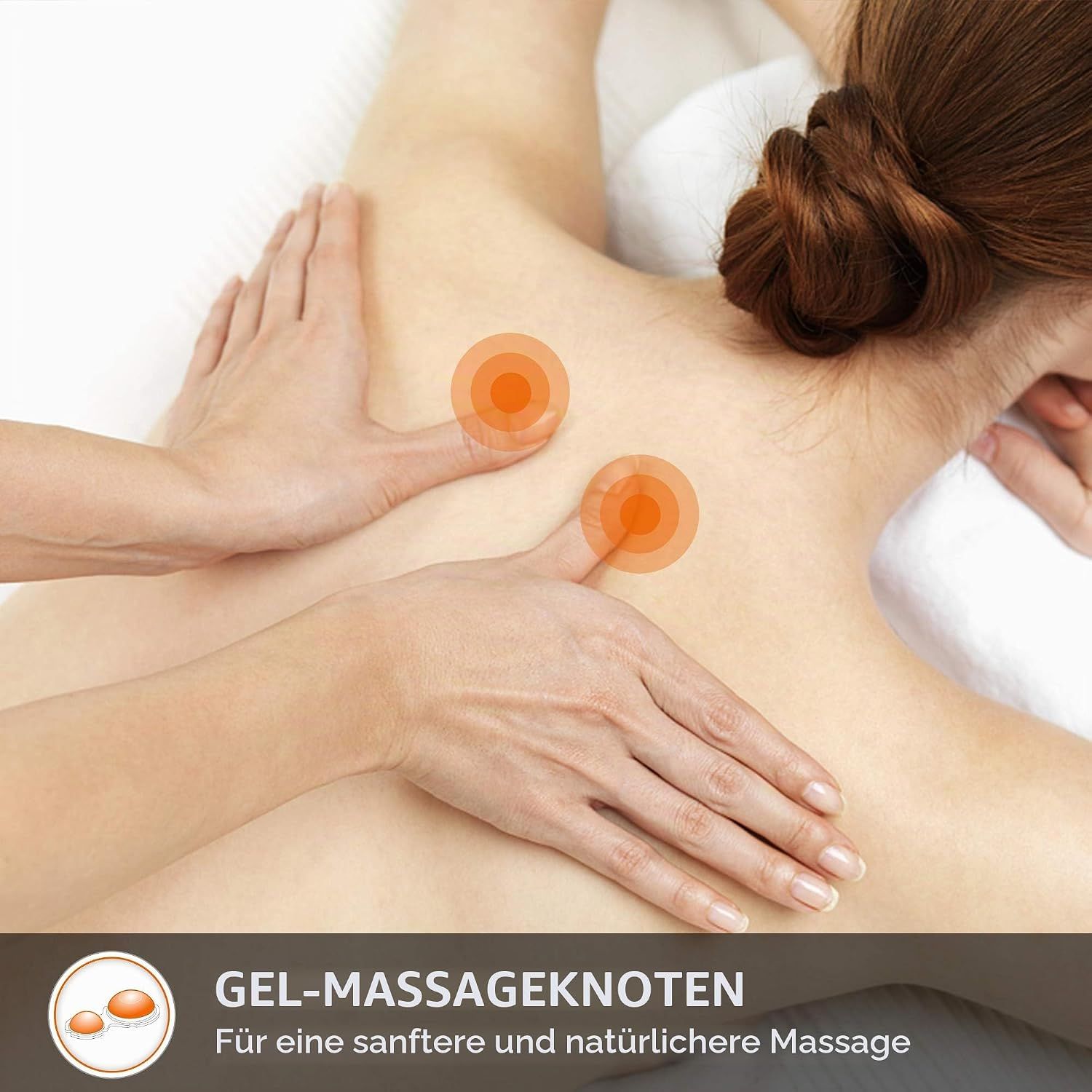 Hände massieren den Rücken mit zwei orangen Gel-Massageknoten.