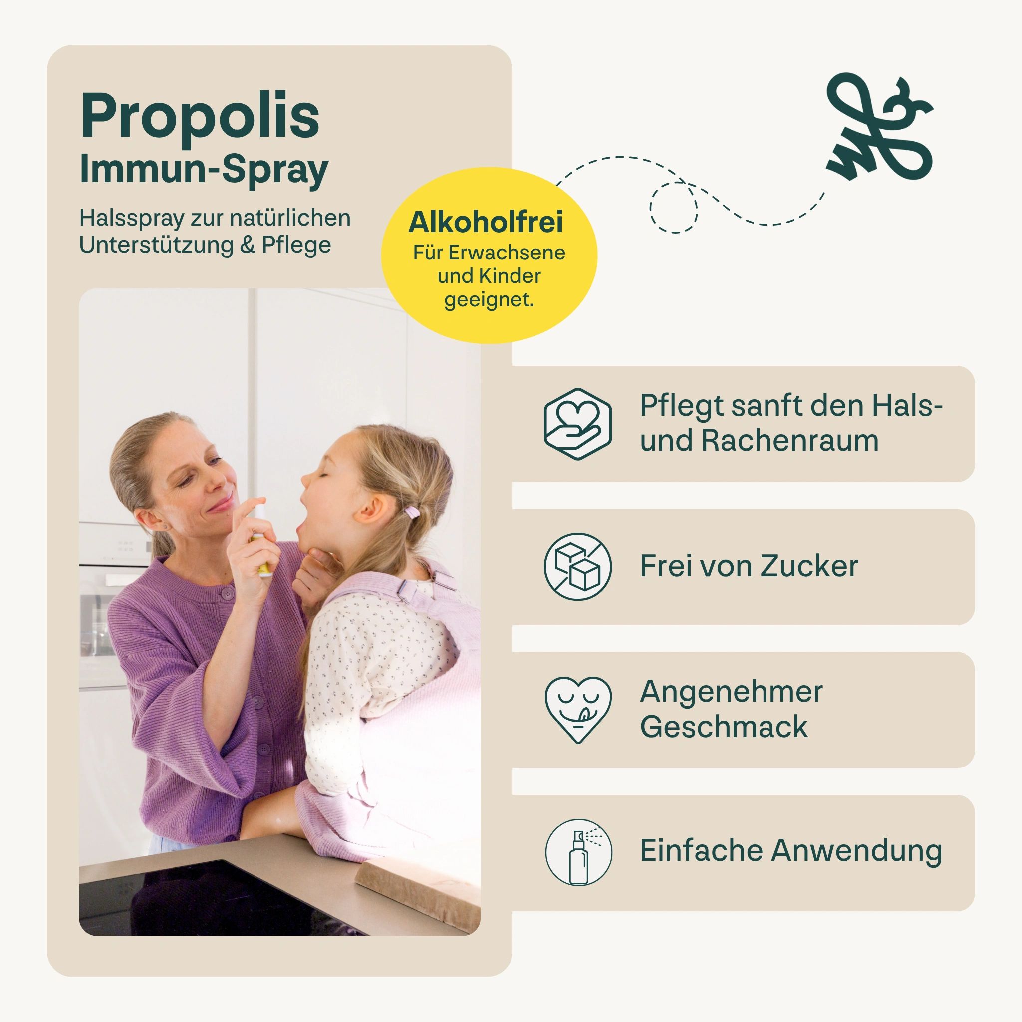 Mutter sprüht Kind in den Mund. Propolis Immun-Spray. Text: Hals- und Rachenpflege, zuckerfrei, angenehmer Geschmack, einfache Anwendung. Für Erwachsene und Kinder.