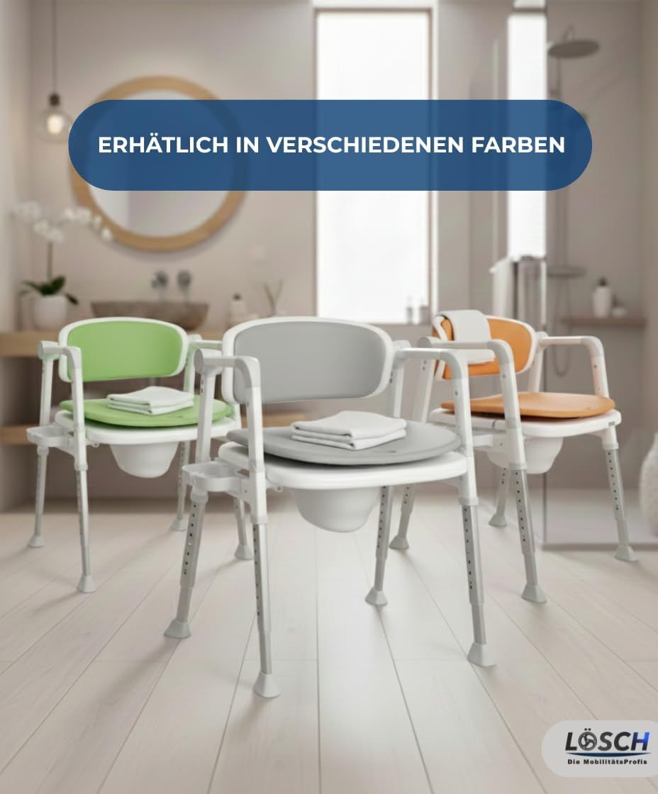 Mehrere Toilettenstühle in verschiedenen Farben. Text: Erhältlich in verschiedenen Farben. Logo: Lösch.