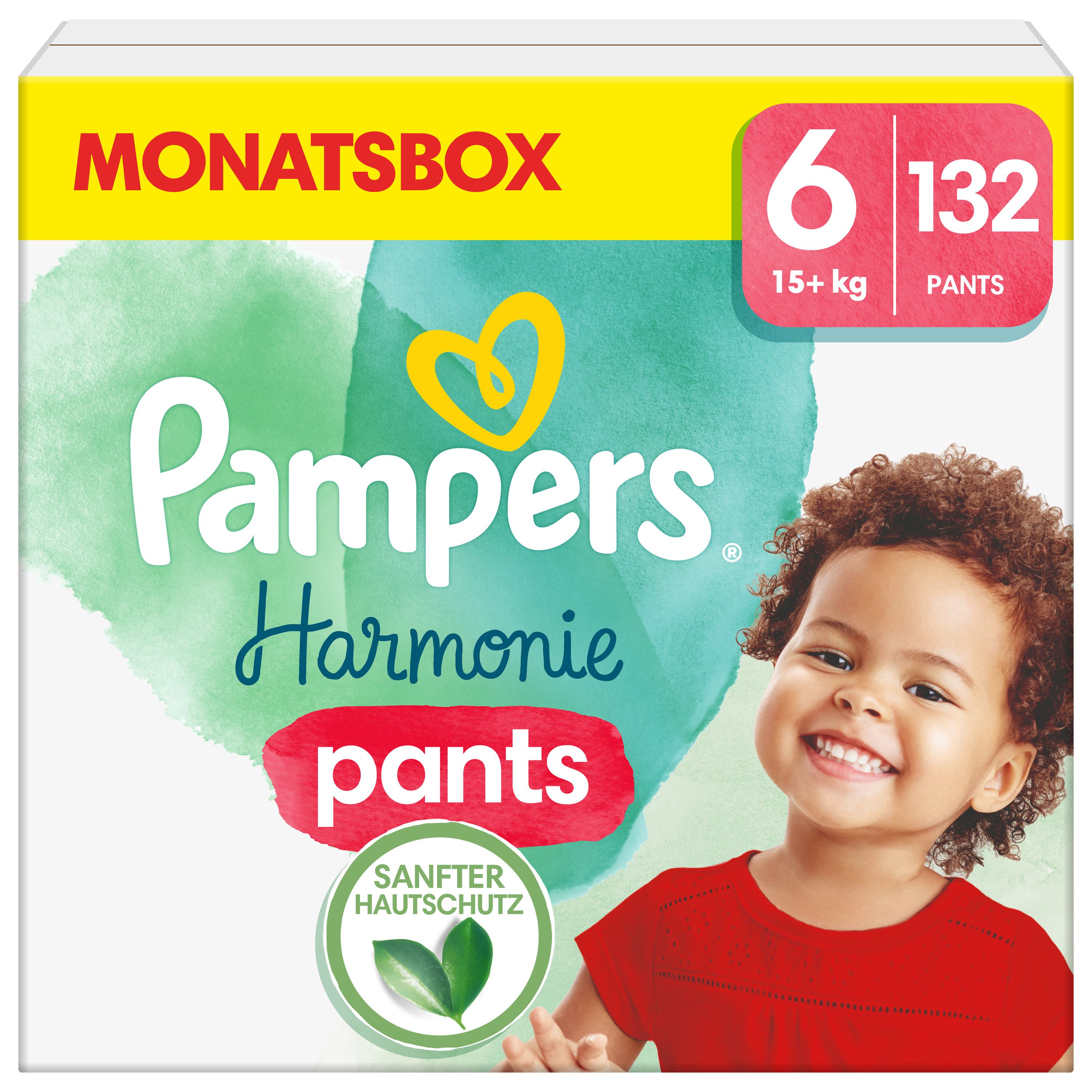 Pampers Harmonie Pants Gr.6, 15kg+ in Box. Aufdruck: 6, 132 Pants. Kind lächelt. Sanfter Hautschutz.