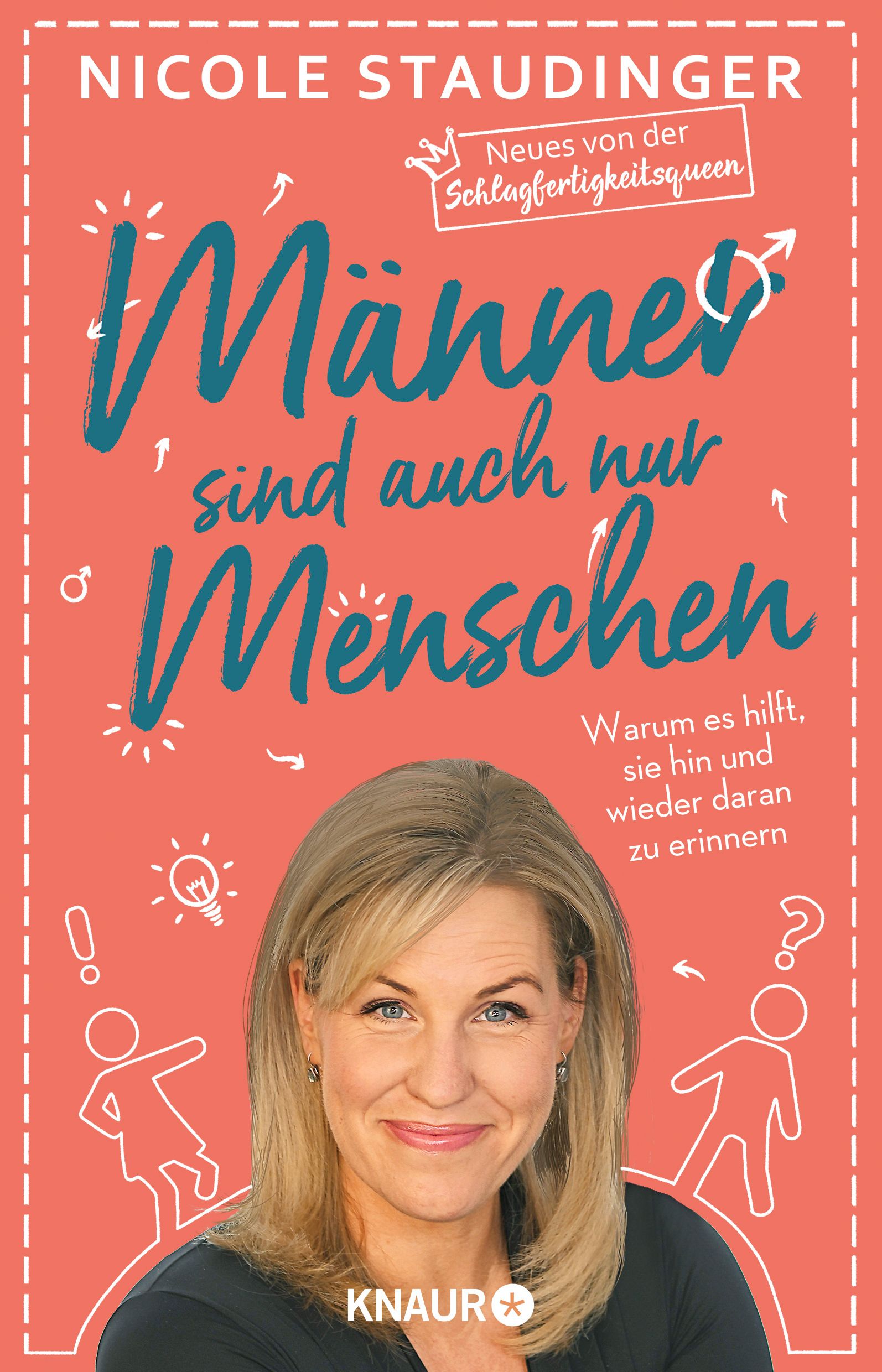 Buchcover mit Titel „Männer sind auch nur Menschen“. Autorin Nicole Staudinger. Roter Hintergrund, Frauengesicht, Illustrationen.