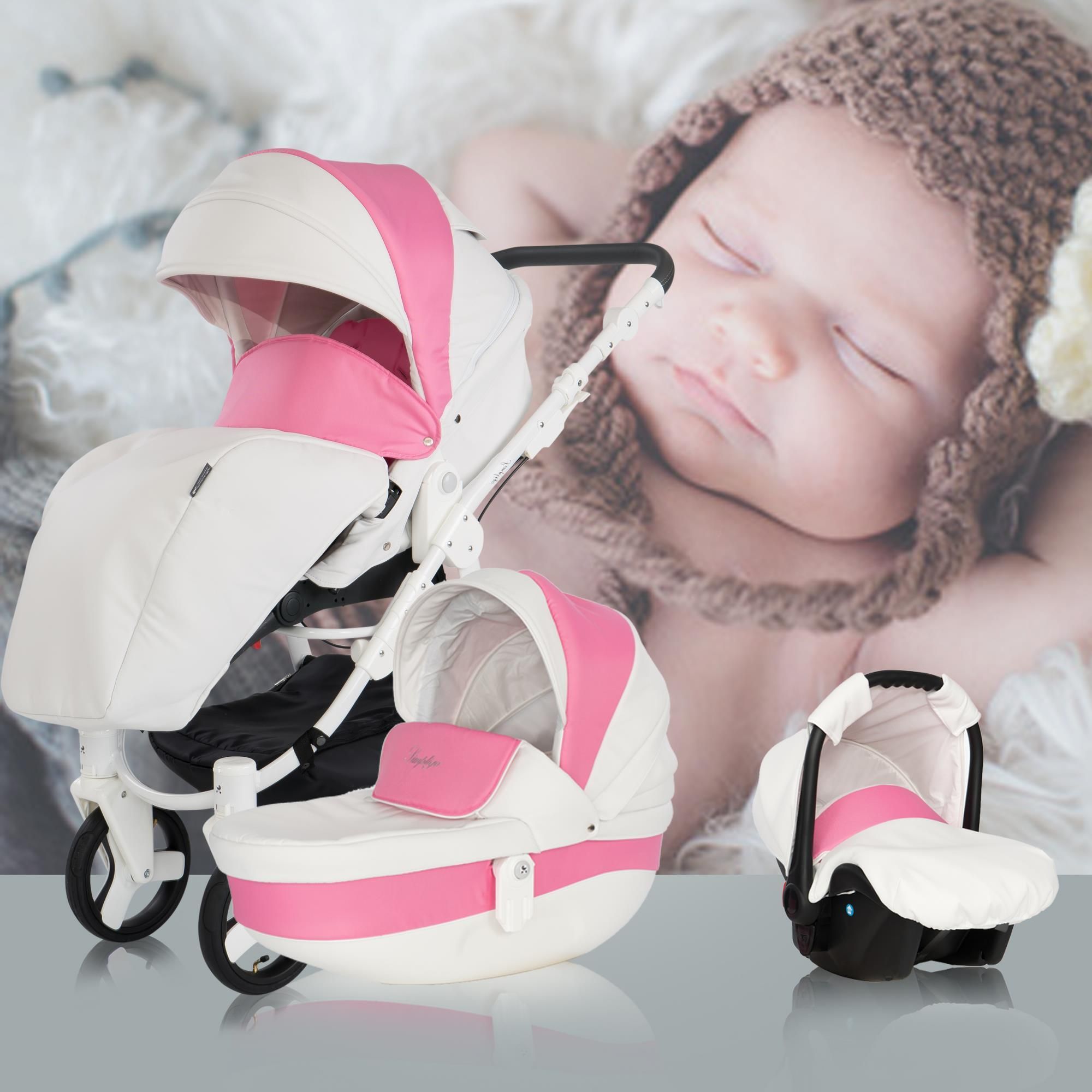 Friedrich Hugo Simpligo 4 in 1 Kinderwagen Komplettset ISOFIX Basis Luftreifen, Pink (Kunstleder)