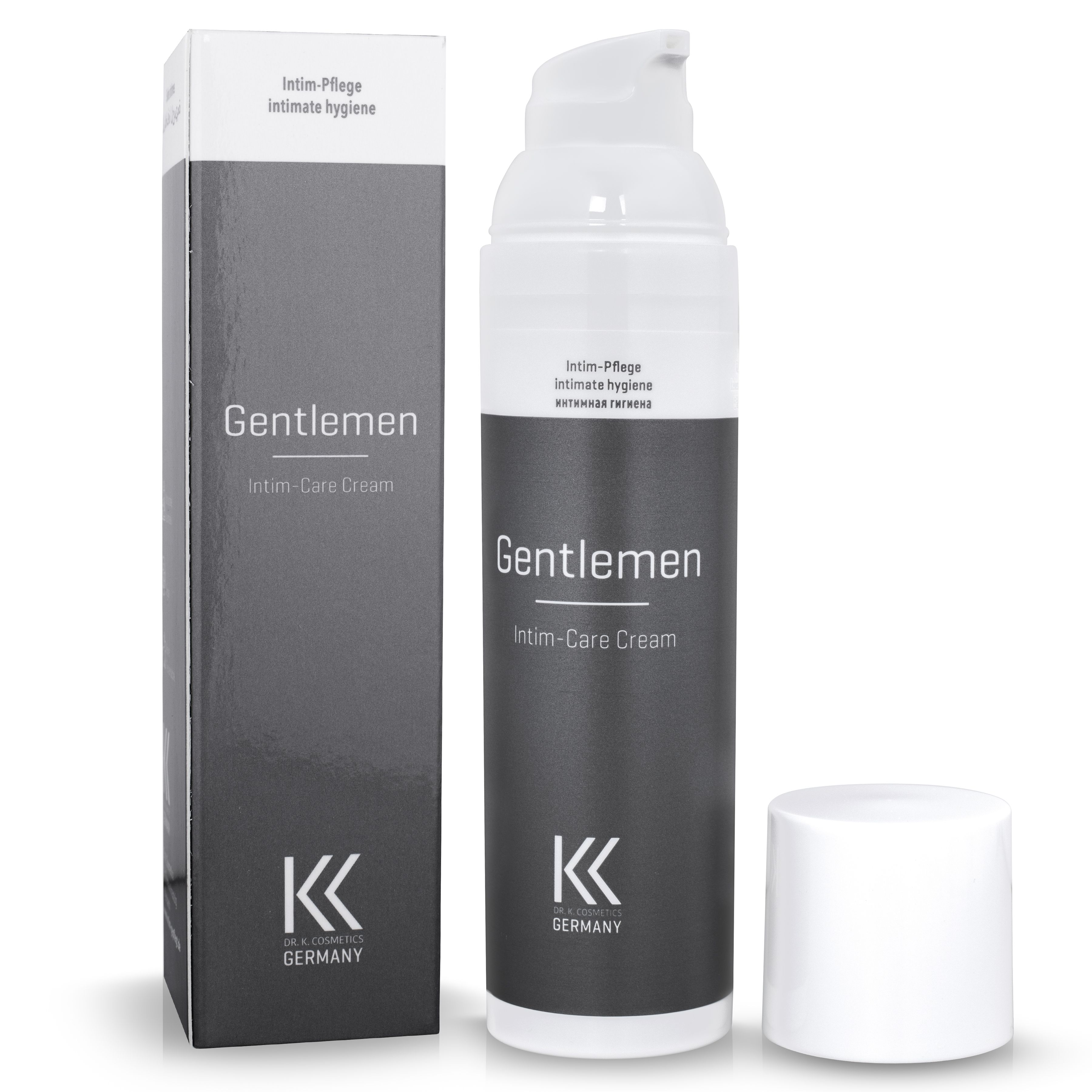 Creme-Spender und Verpackung. Aufschrift: Gentlemen Intim-Care Cream. Marke: K.K. Cosmetics Germany. Deckel daneben.