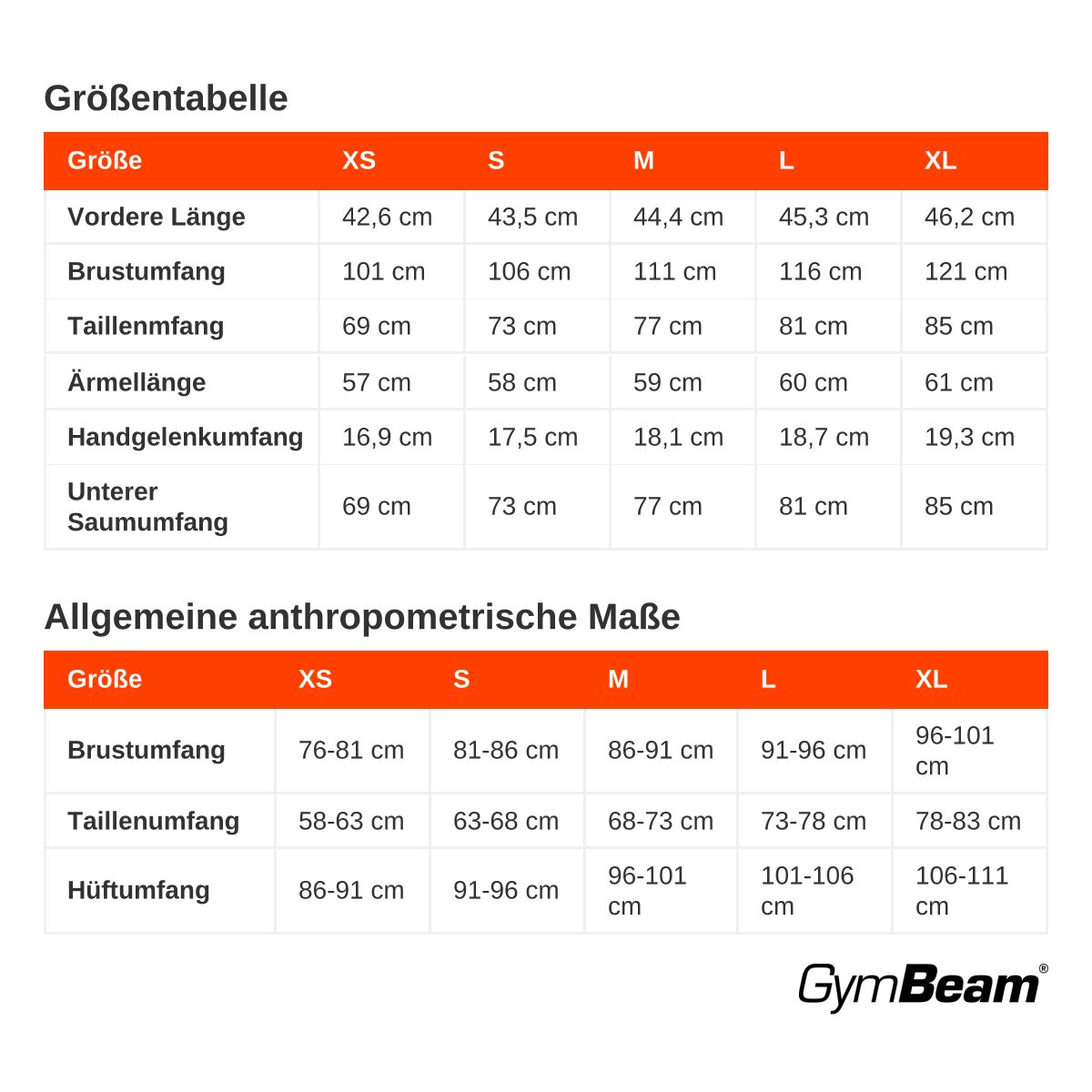 Größentabelle mit Maßen für Vorderlänge, Brustumfang, Taillenumfang, Ärmellänge, Handgelenkumfang und Unterer Saumumfang in cm für Größen XS bis XL.