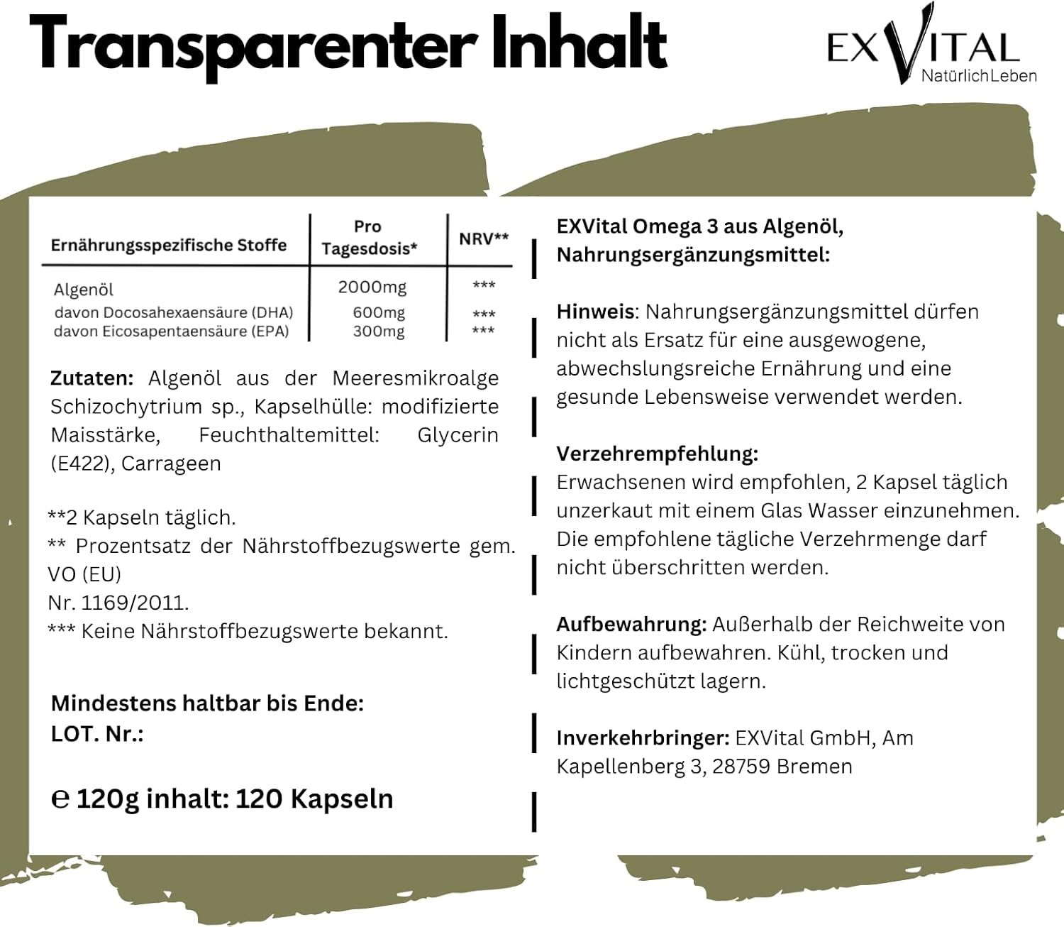 Tabelle mit Nährwertangaben für Algenöl. Enthält DHA, EPA. Hinweise zur Einnahme und Aufbewahrung. Mindestens haltbar bis Ende.