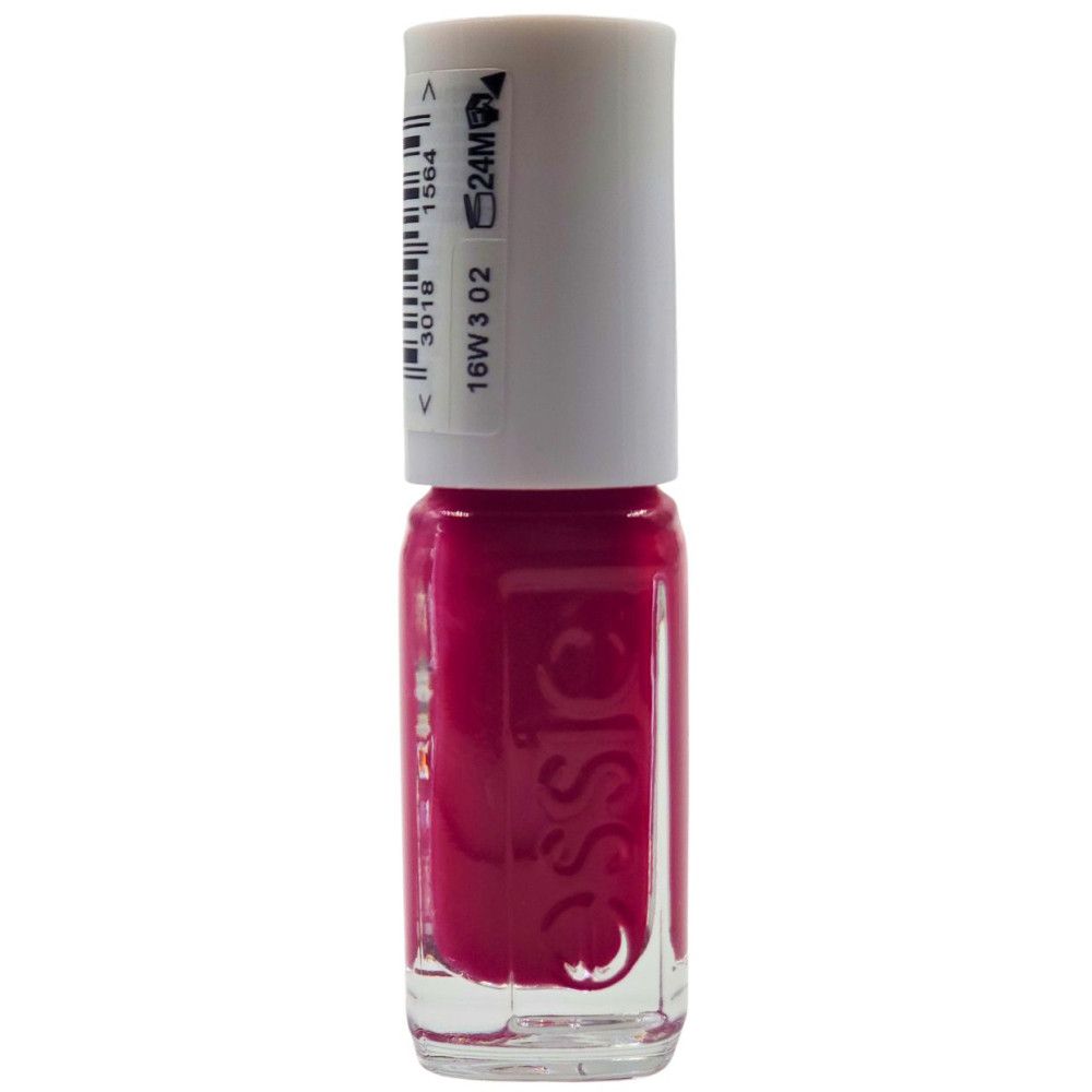 Essie - Vernis Mini, Flasche mit pinkfarbenem Nagellack. Weißer Deckel mit Barcode und Text.