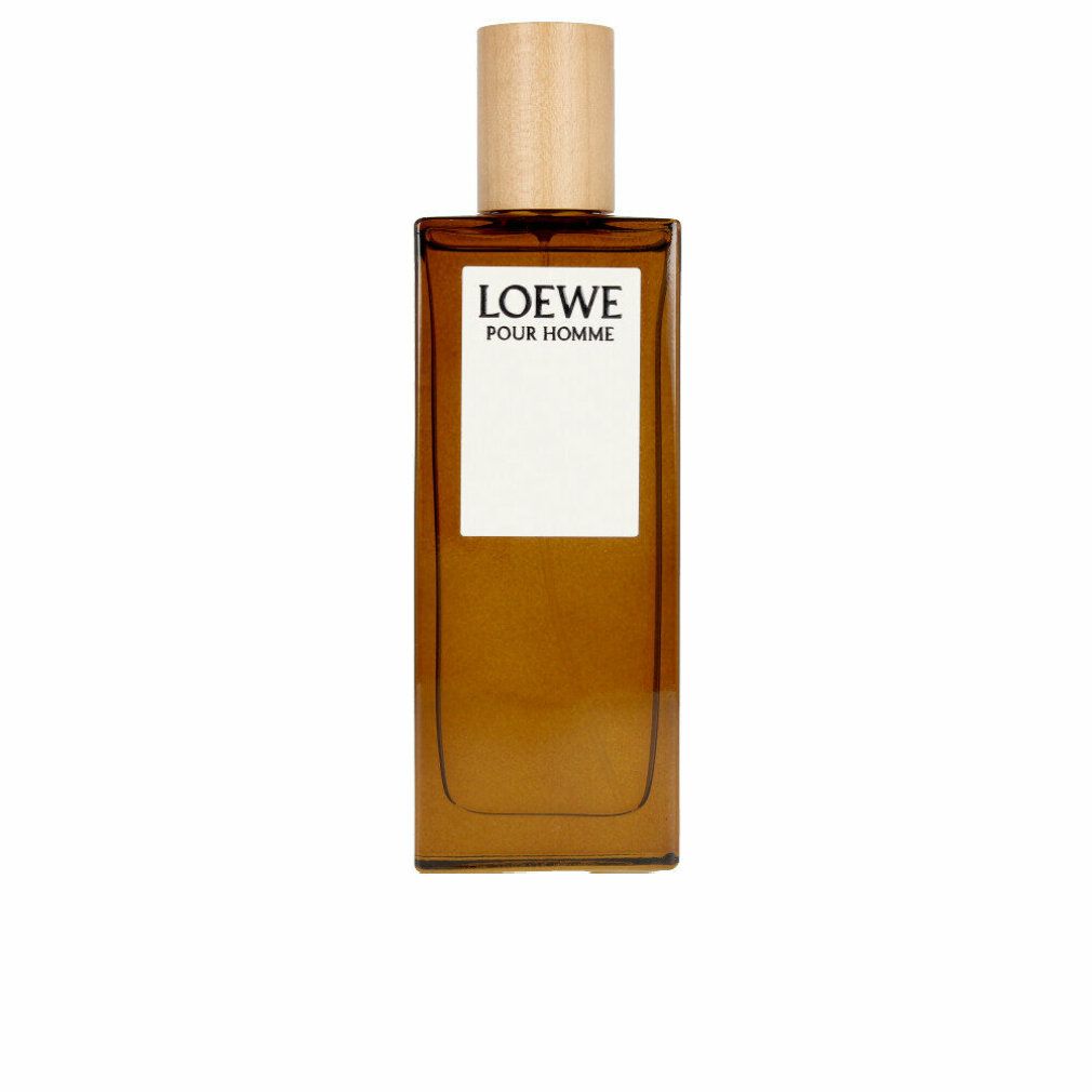 Braune Glasflasche mit Holzverschluss. Auf weißem Etikett steht "LOEWE POUR HOMME".
