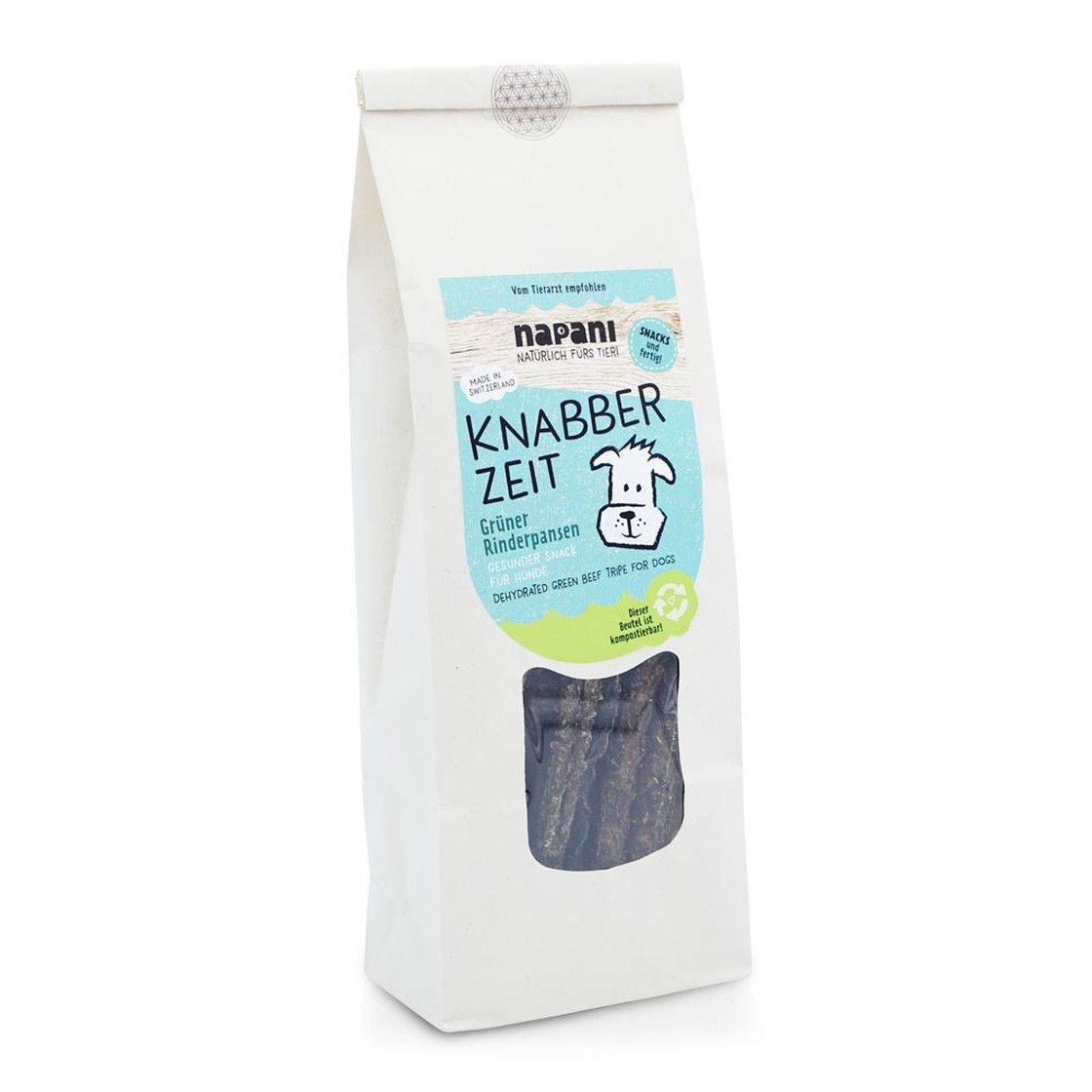 Weiße Tüte mit Produktbezeichnung und Sichtfenster. Aufdruck: napani, Knabber Zeit, grüner Rinderpansen.