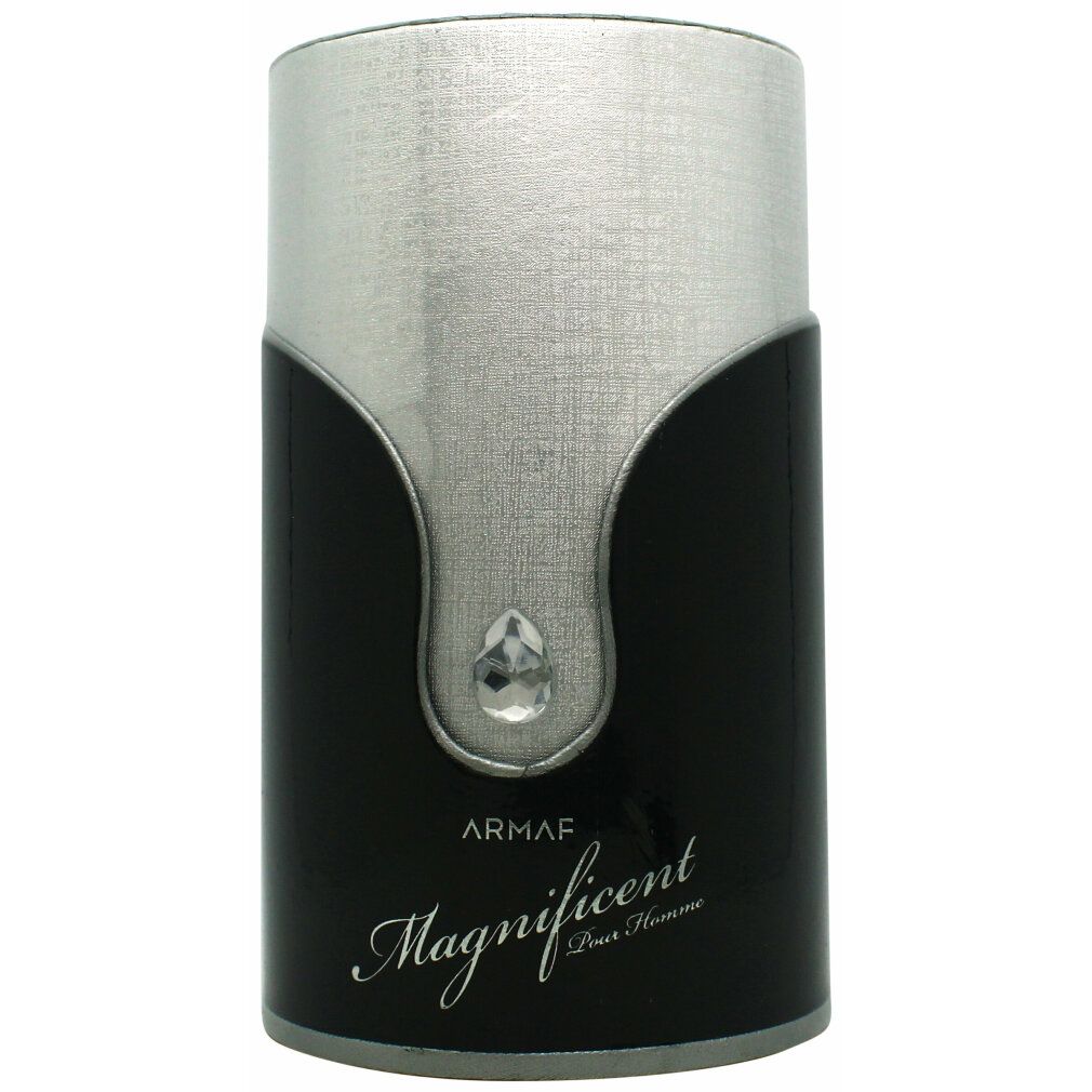 Schwarzer Flakon mit silberfarbenem Oberteil. Tropfenförmiger Schmuckstein. Schriftzug "Magnificent Pour Homme".