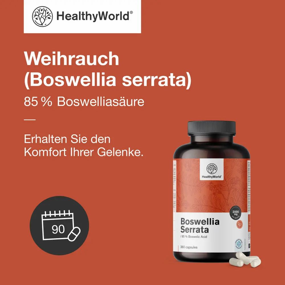 Produktabbildung mit Flasche und Kapseln. Aufschrift: HealthyWorld, Boswellia Serrata, 85% Boswelliasäure. Text: Erhalten Sie den Komfort Ihrer Gelenke. 90 Kapseln.