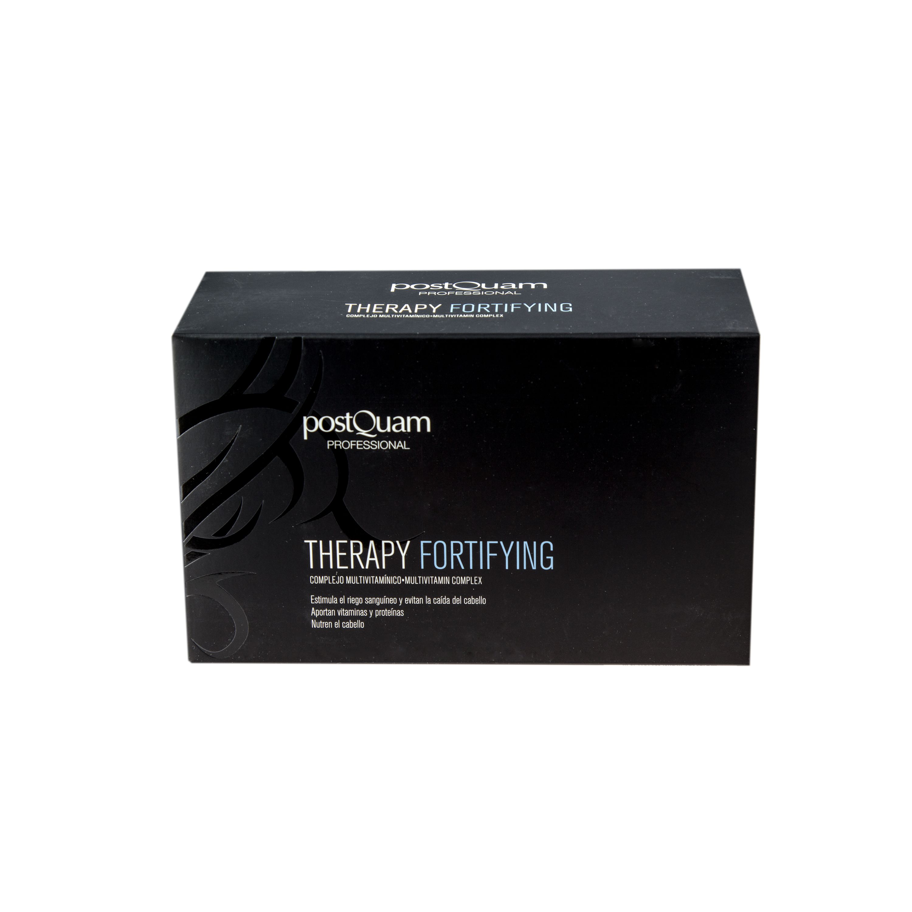 Schwarze Schachtel. Aufschrift: Postquam Therapy Fortifying. Text in mehreren Sprachen.