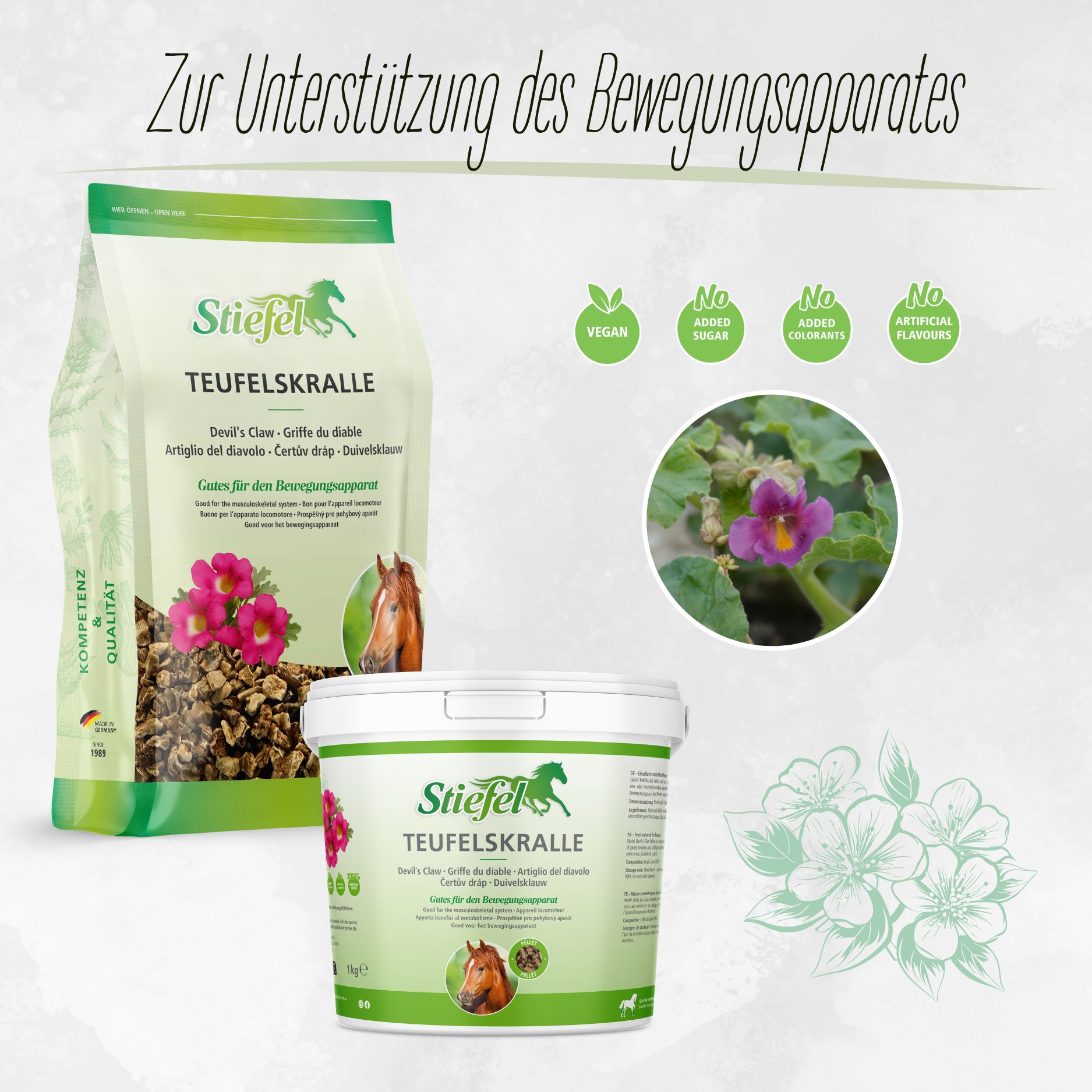 Beutel und Eimer mit Stiefel Teufelskralle. Grün-weiße Verpackung, Produktname, Logo, Illustrationen, Siegel: vegan, ohne Zucker, ohne Aromen.