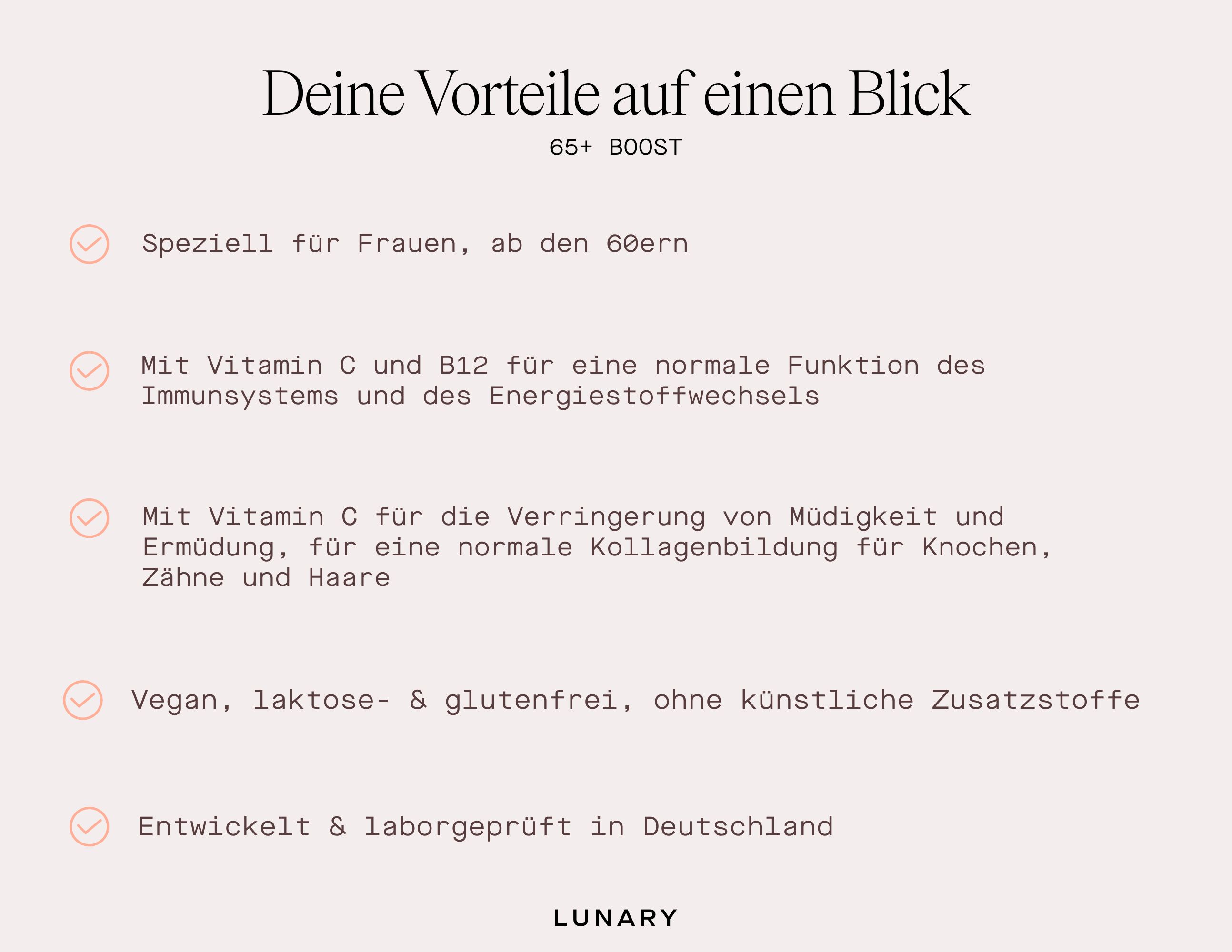 Text: Deine Vorteile auf einen Blick. 65+ BOOST. Speziell für Frauen ab 60. Vegan, laktose- & glutenfrei. Entwickelt in Deutschland.