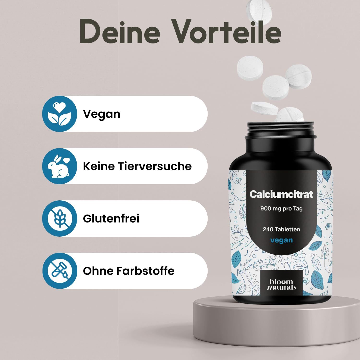 Calcium Hochdosiert - 240 Tabletten - 900mg pro Tag aus Calciumcitrat - Bloom Naturals®