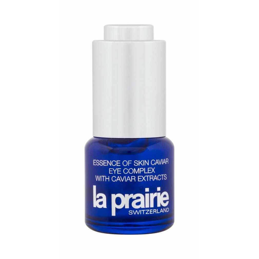 Blaues Fläschchen mit weißem Deckel. Aufschrift: Essence of Skin Caviar Eye Complex, La Prairie.