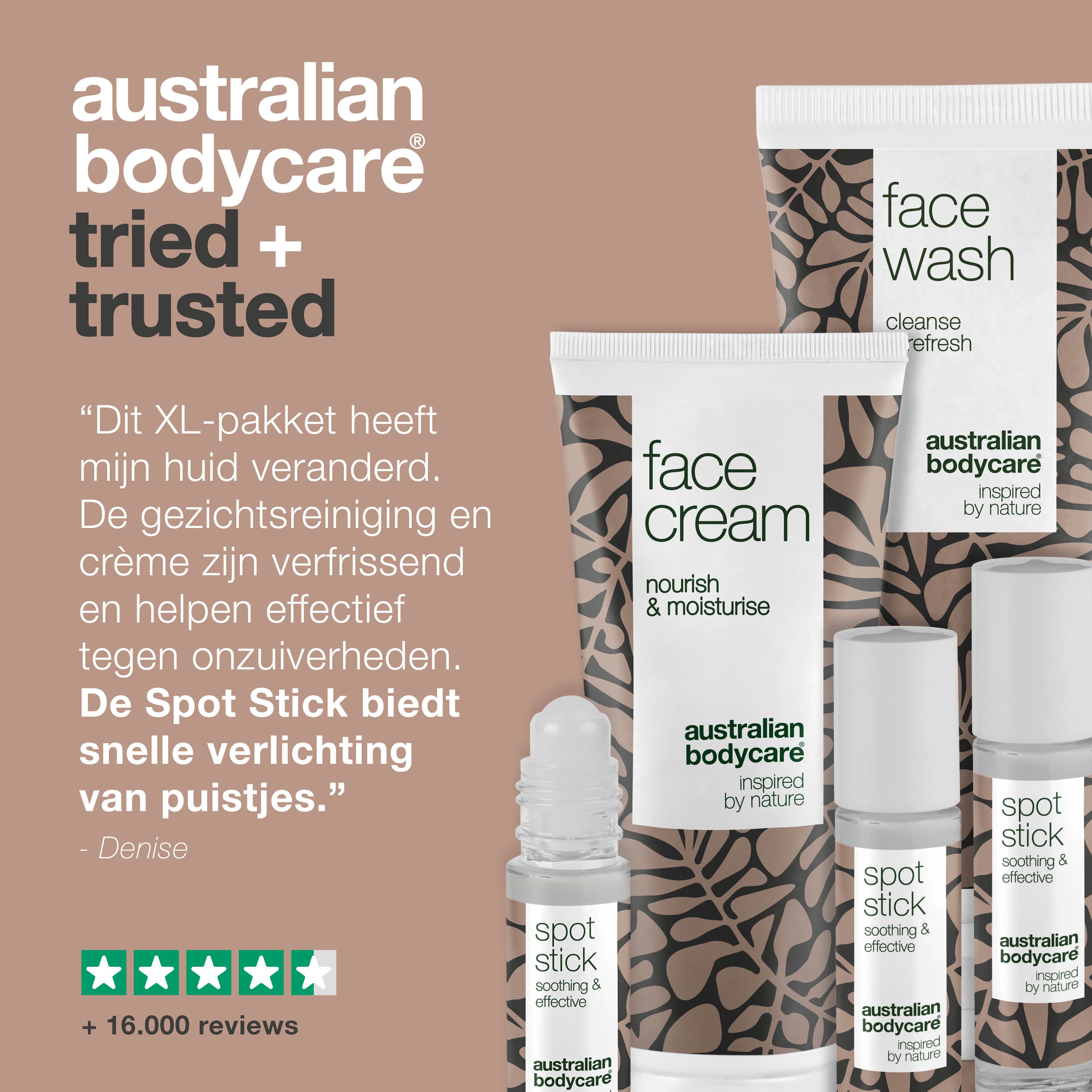 Productillustratie: Face Wash, Face Cream, Spot Stick. Citaat en sterrenbeoordeling.