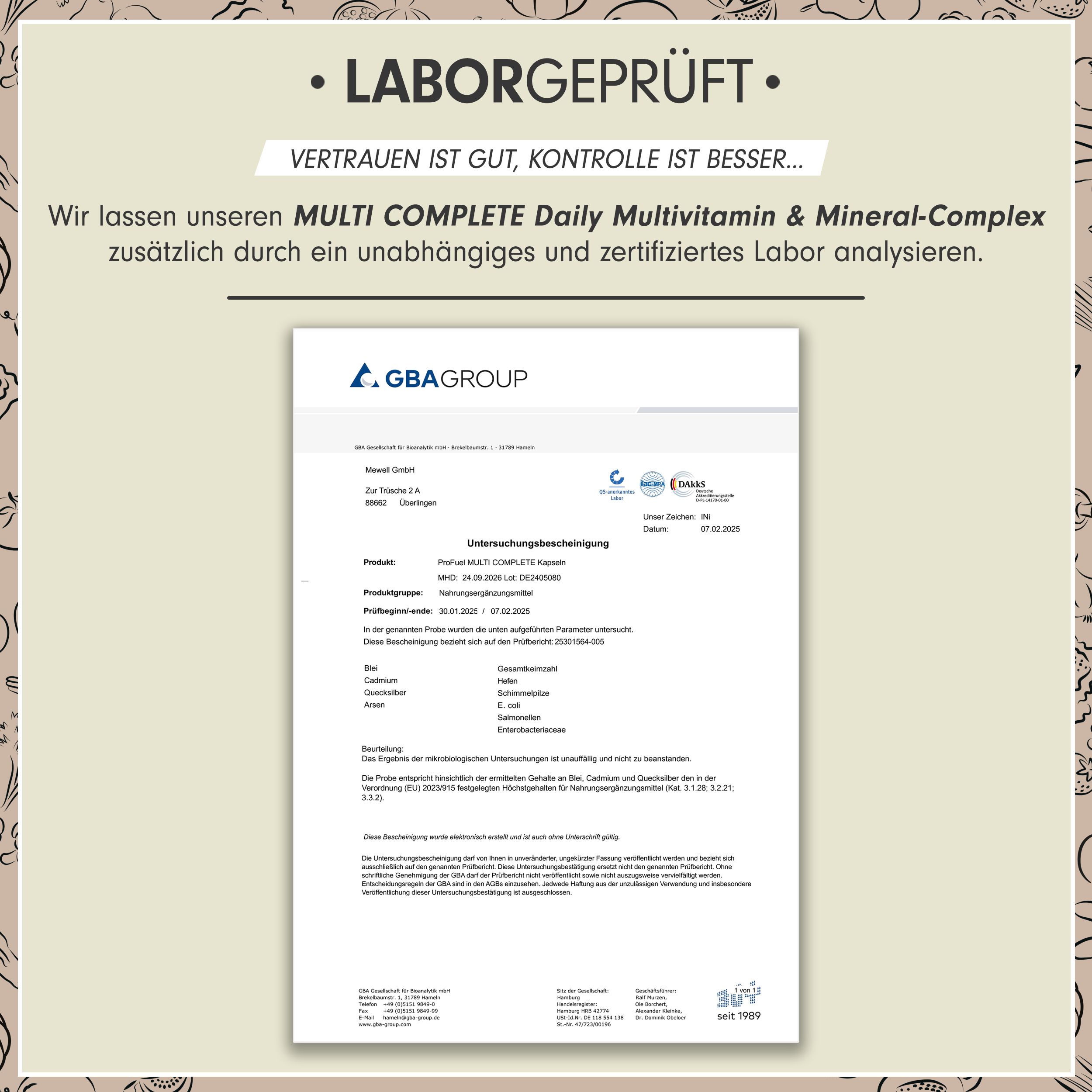 Laborbericht. Zertifizierter Bericht von GBA Group. Unterschriften, Produktinformationen, Analyseergebnisse. MULTI COMPLETE Daily Multivitamin & Mineral-Komplex.