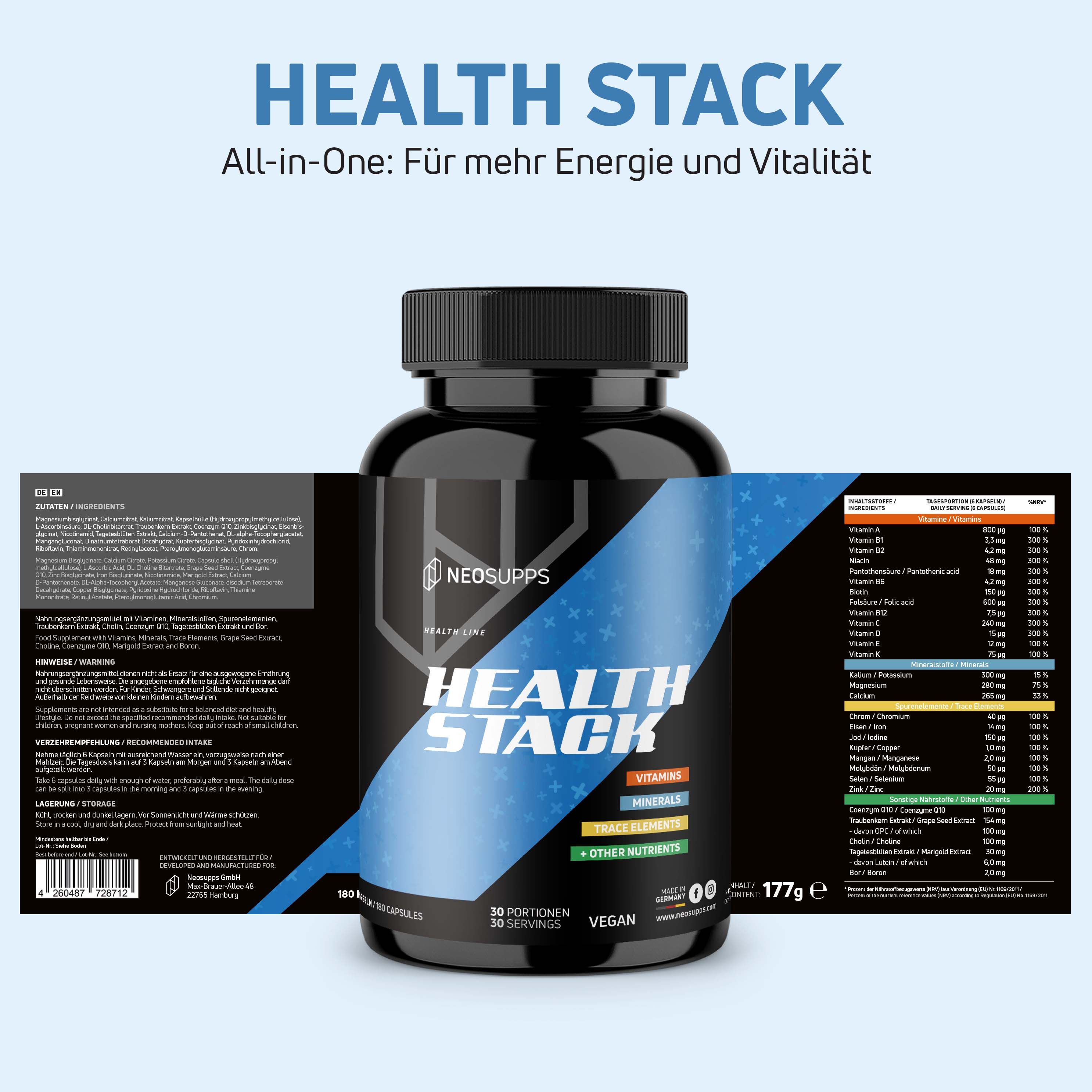 Schwarze Flasche HEALTH STACK mit Etikett. Aufschrift: Neosupps, Health Stack, Vegan. Auf dem Etikett Informationen zu Inhaltsstoffen.