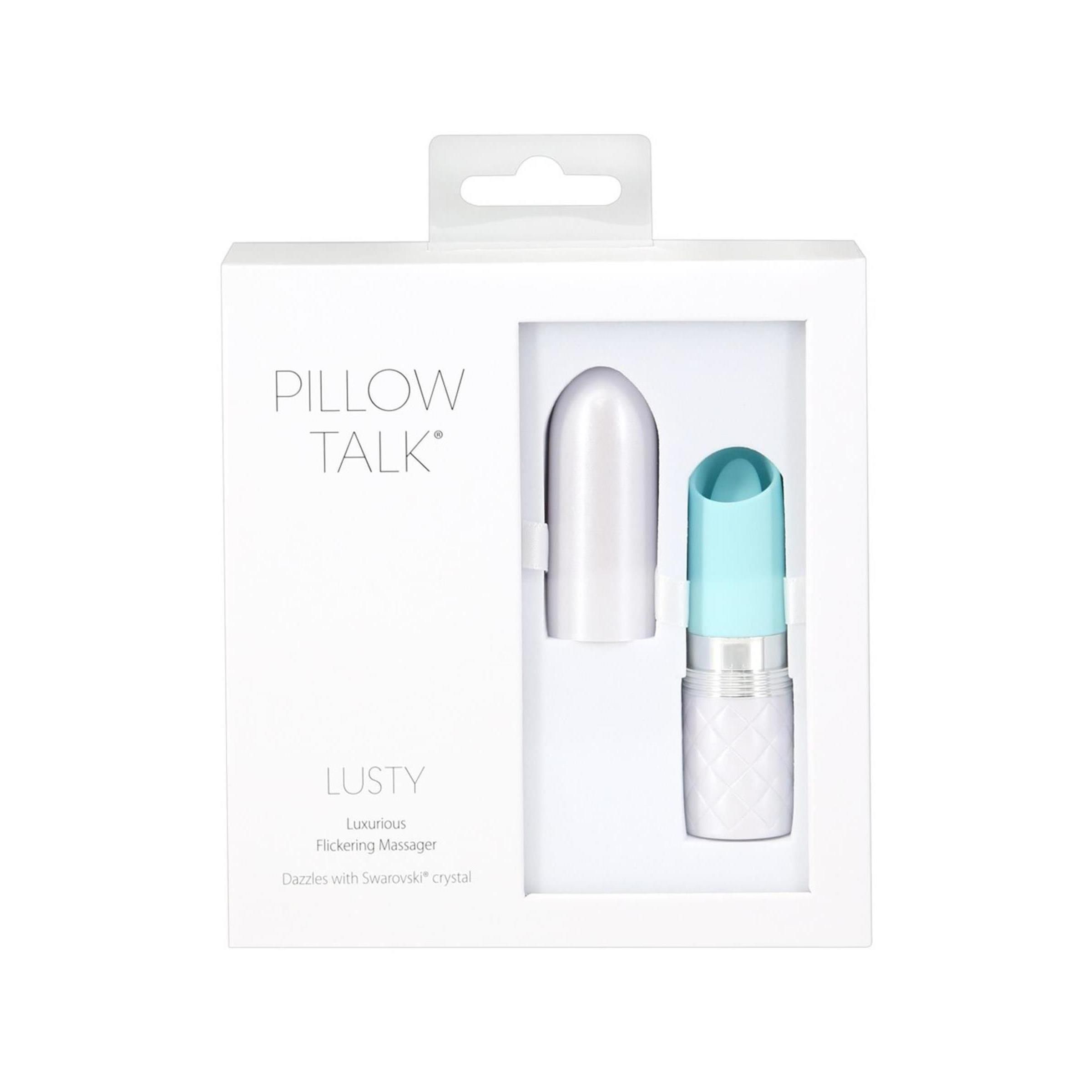 Produktverpackung. Weißer Karton mit Produktabbildung. Produktname: Pillow Talk. Text: Lusty, Luxurious Flickering Massage, Dazzles with Swarovski crystal.