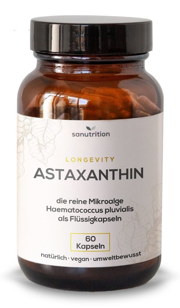 Braune Glasflasche mit schwarzem Deckel. Etikett mit "sanutrition" und "Astaxanthin". 60 Kapseln. Vegan und umweltbewusst.