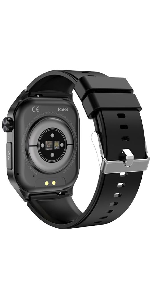 Rückseite einer schwarzen Smartwatch. Sensoren für Herzfrequenzmessung. Schwarzes Armband mit silberner Schnalle.
