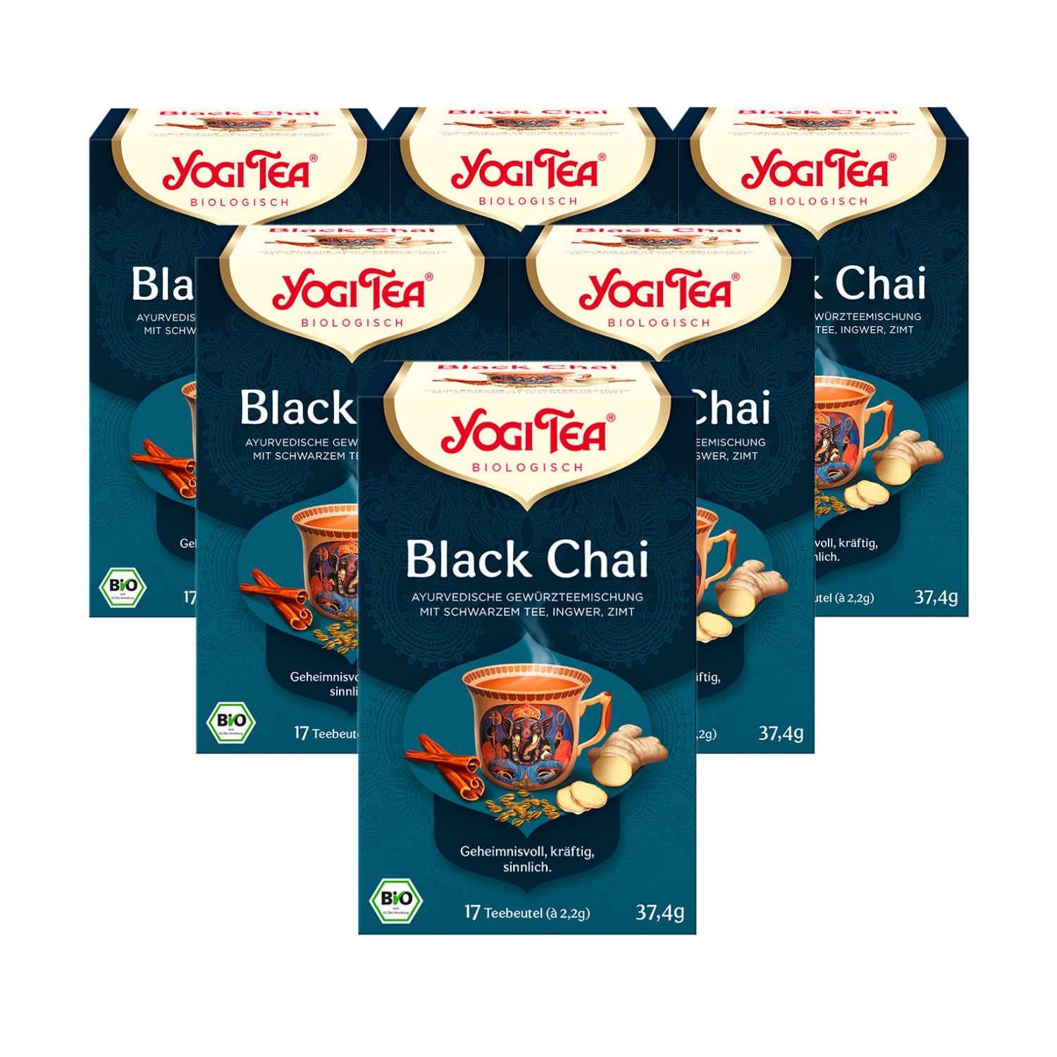 Mehrere Packungen Yogi Tea Black Chai. Dunkelblaue Schachteln mit Logo und Produktbezeichnung. Bio-Siegel und Abbildung einer Tasse Tee.