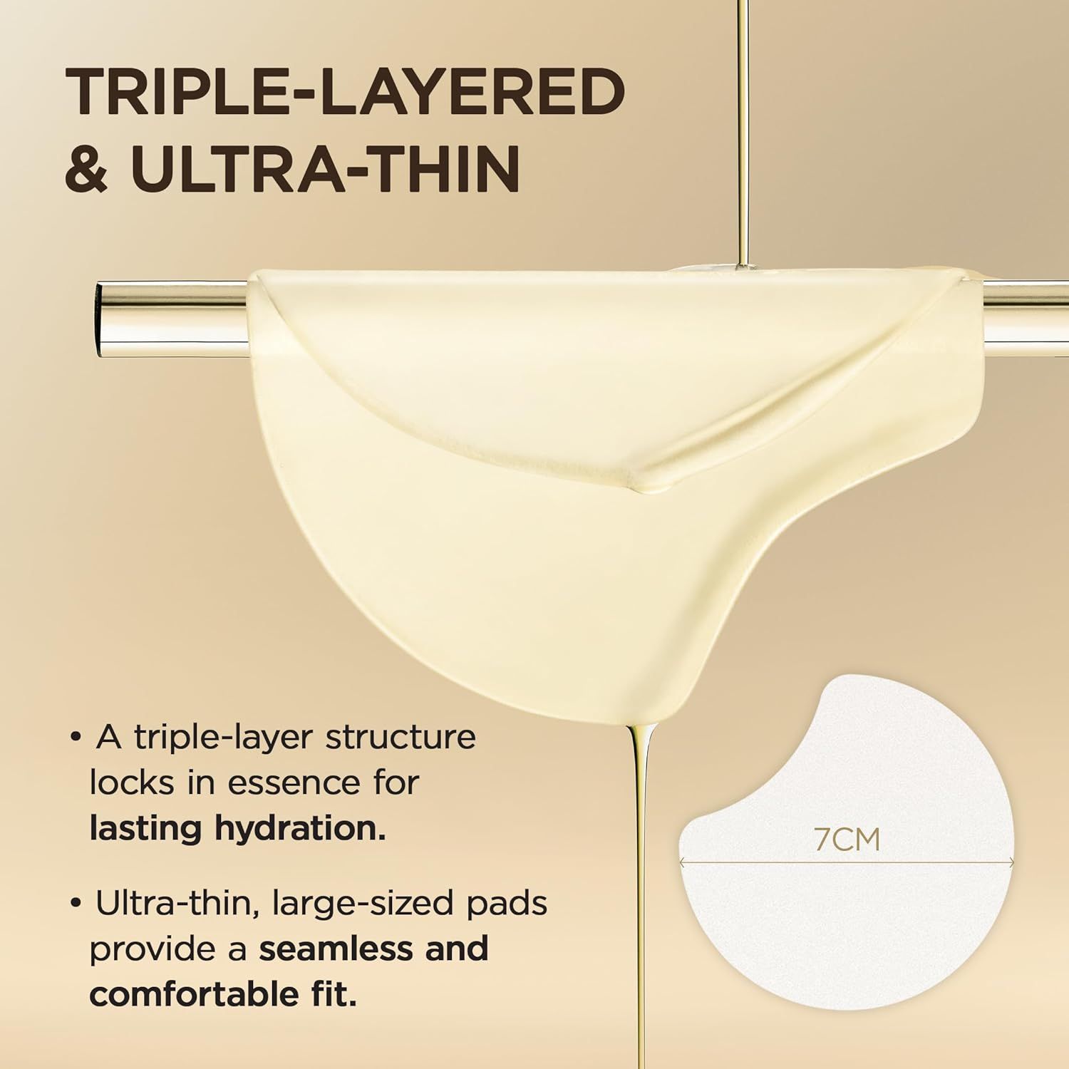 Toner-Pad. Text: Triple-layered & Ultra-thin. 7cm. Eine dreischichtige Struktur schließt die Essenz ein. Ultra-dünne, großformatige Pads.