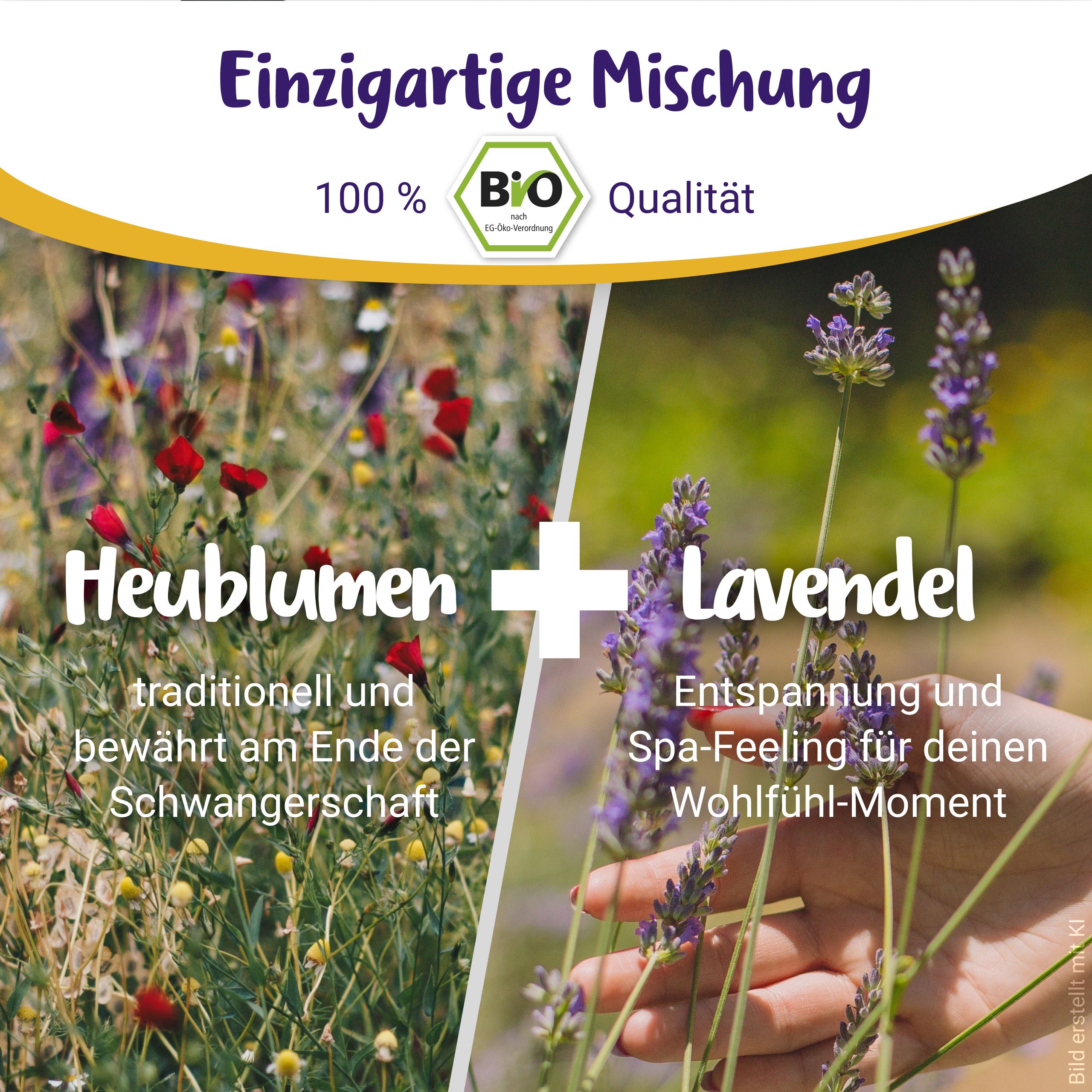 Collage: Wiesenblumen und Lavendelzweige, PregniVital Heublumen Sitzbad.
