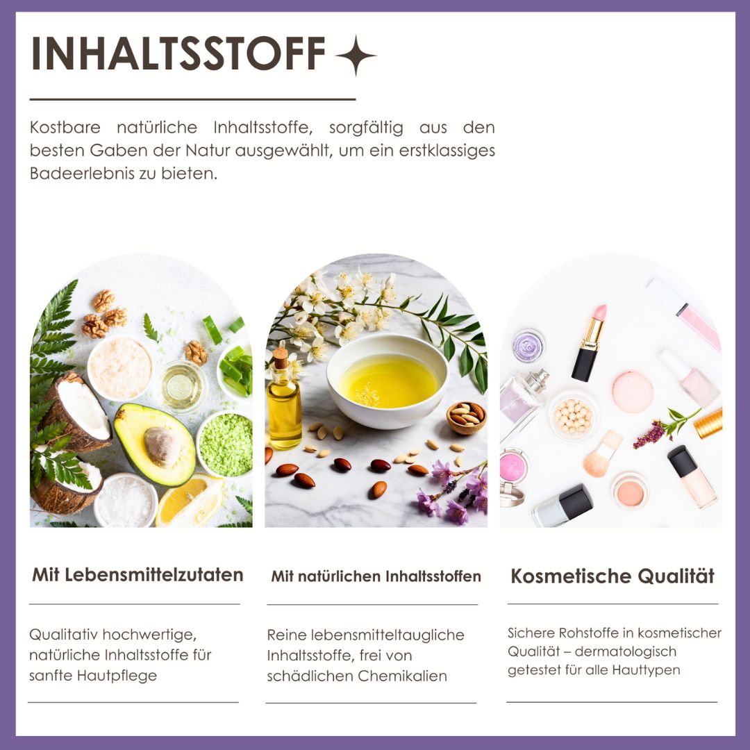 Infografik: Inhaltsstoffe. Text: Lebensmittelinhaltsstoffe, natürliche Inhaltsstoffe, kosmetische Qualität. Bilder.