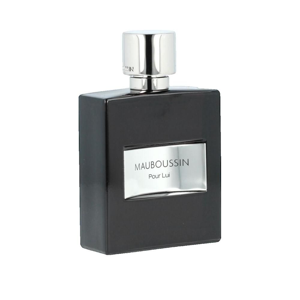 Dunkelbraune Flasche und Verpackung von Mauboussin Pour Lui. Silberne Akzente. Eau de Parfum.