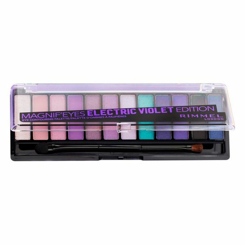 Rimmel Magnif'eyes Electric Violet Edition Lidschatten-Palette. 12 Farbtöne, Applikator. Transparenter Deckel.