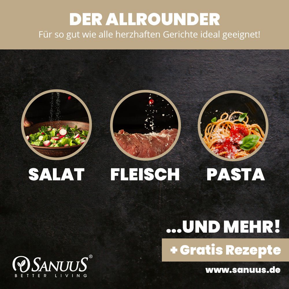 Drei Kreise mit Salat, Fleisch und Pasta. Text: Der Allrounder. Logo: SANUUS Better Living. Text: + Gratis Rezepte.
