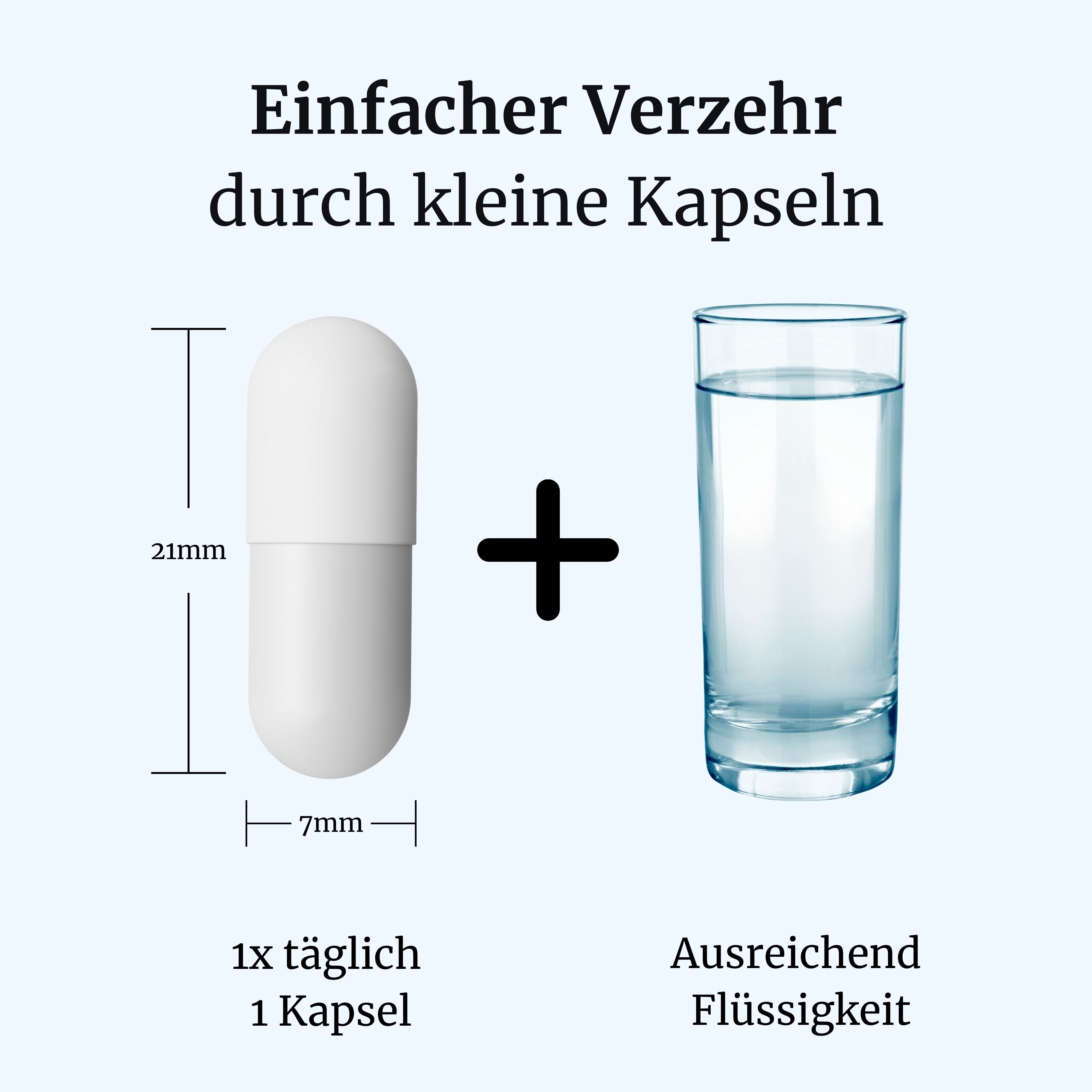 Eine Kapsel (21x7mm) neben einem Glas Wasser, mit Text zur täglichen Einnahme.