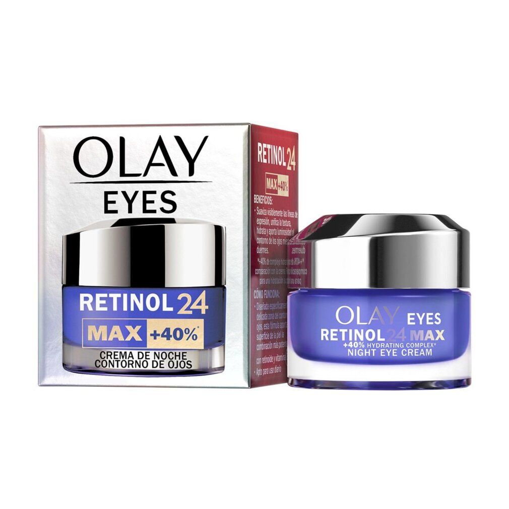Cremeglas und Verpackung. Aufschrift: Olay Eyes Retinol 24 Max Night Eye Cream. Verpackung mit Text.