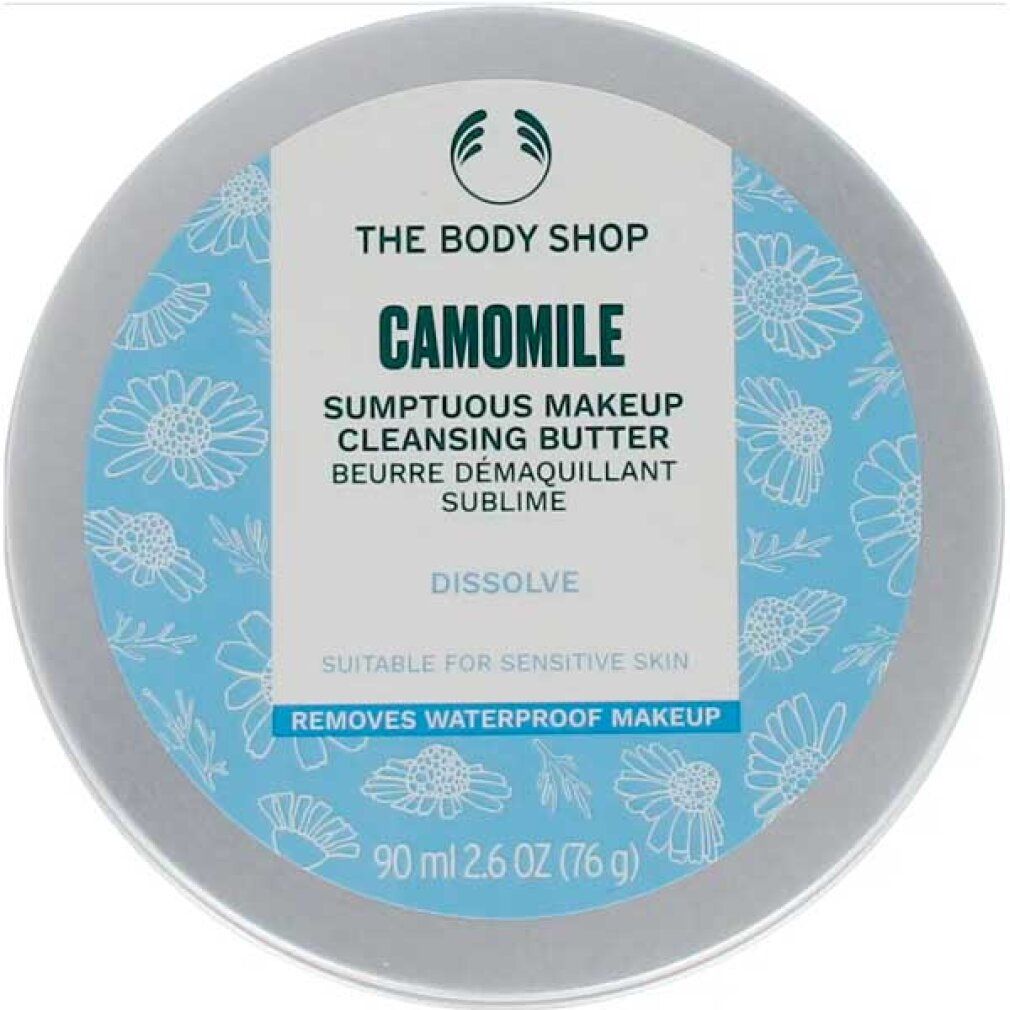 Runde Dose mit blauem Etikett. Aufschrift: CAMOMILE, Sumptuous Makeup Cleansing Butter. Geeignet für empfindliche Haut. Entfernt wasserfestes Make-up.