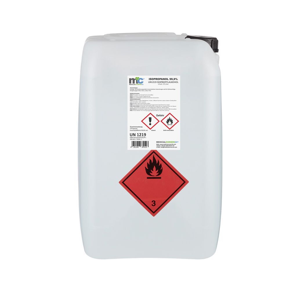 Weißer Kanister mit schwarzem Deckel. Etikett mit Produktinformationen und Gefahrensymbolen. Aufschrift: Isopropanol 99,9%.