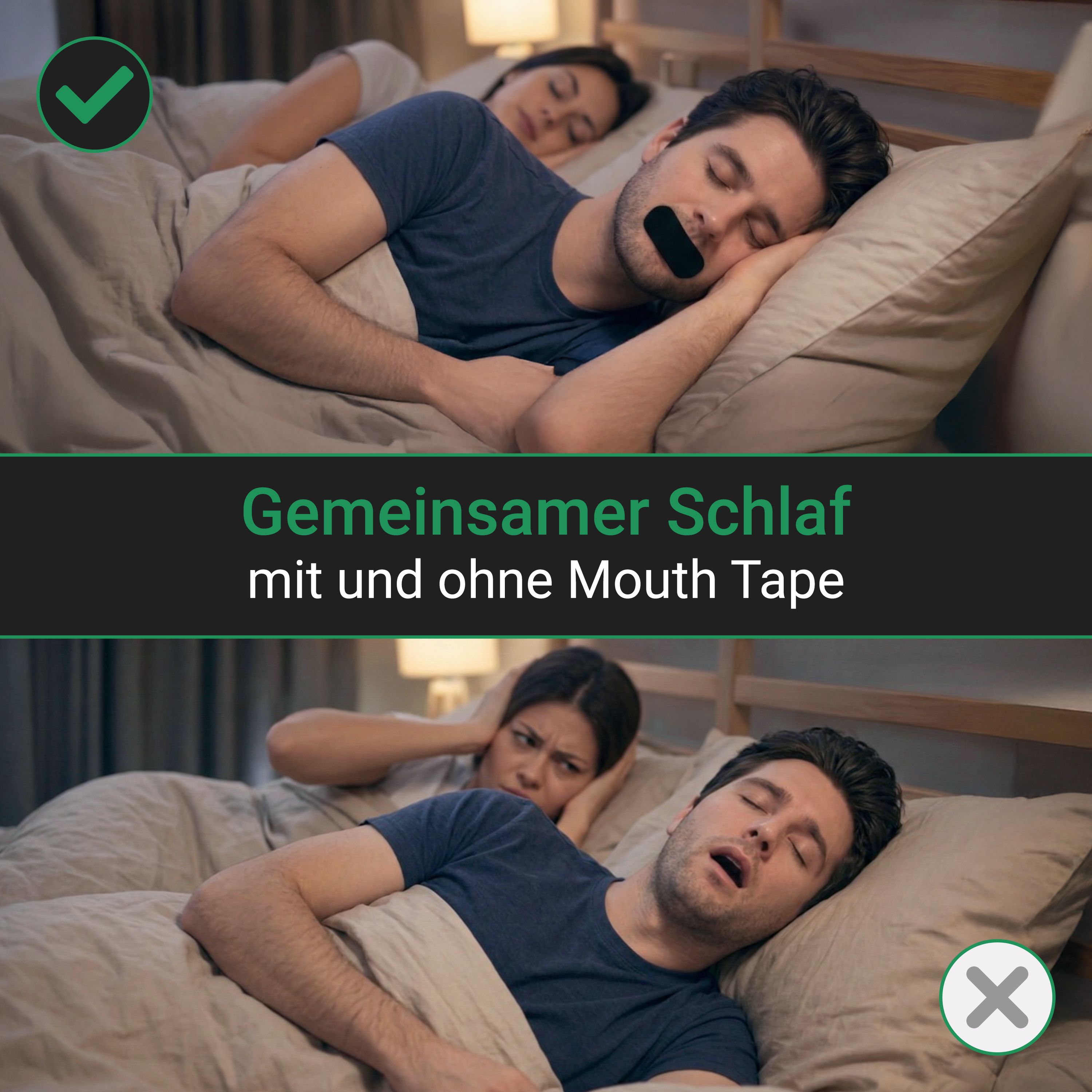 Zwei Personen im Bett. Eine Person mit Mundpflaster, die andere ohne. Text: Gemeinsamer Schlaf mit und ohne Mouth Tape.
